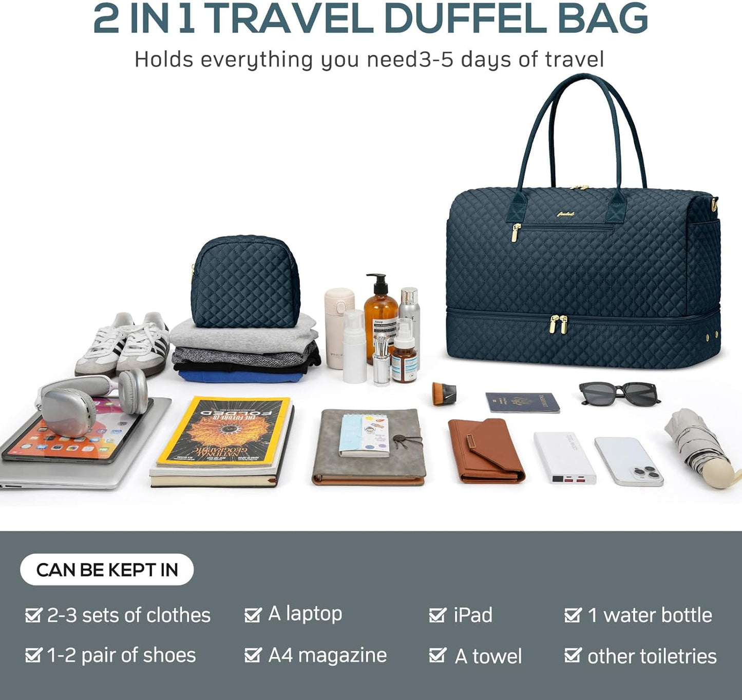 Travel Weekender Bags for Women - Duffle Bag Women with Shoe Compartment Carry On Overnight Bag with Toiletry Bag Duffel Bags with Wet Pocket for Gym Hospital Bags for Labor and Delivery Peacock Blue