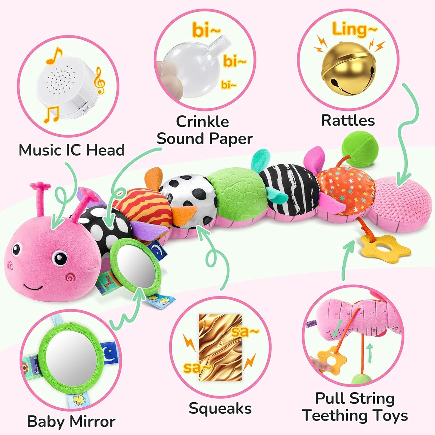 Baby Toys 6-12 Months Music Caterpillar Infant Toys Stuffed Animals 0-3-6 Months Teething Tummy Time Sensory Toys with Mirror Rattle&Pull String for Boys Girls Birthday Gifts|Candy Pink,Leafy
