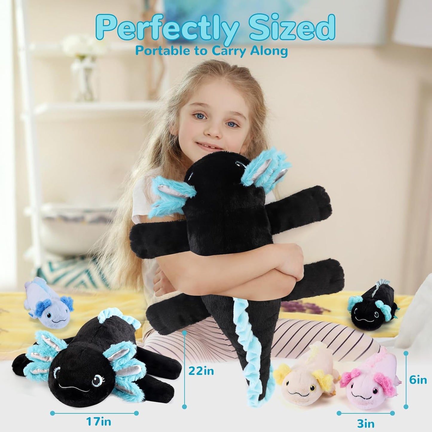 5 Pieces Axolotl Stuffed Animals with Babies Inside Belly - 1 Mommy Stuffed Axolotl with 4 Babies - Black Axolotls Plush Toy for Kid Age 3-8, Gift Ideal for Christmas, Valentine's, Birthday