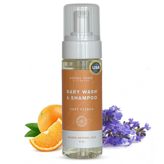 SoCal Suds & Company - 2-in-1 Organic Foaming Shampoo & Body Wash - Gentle Botanical Baby Wash for Sensitive Skin - Clean Natural Nourishing Soothing Castile Soap - Newborn Baby - Soft Citrus, 6oz