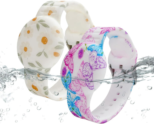 Waterproof AirTag Bracelet for Kids, Soft Silicone Air Tag Hidden Holder Case Compatible with Apple Airtag, Adjustable Anti-Lost Printed Strap GPS Traker for Toddler Child(2 Pack, Butterfly & Flower)