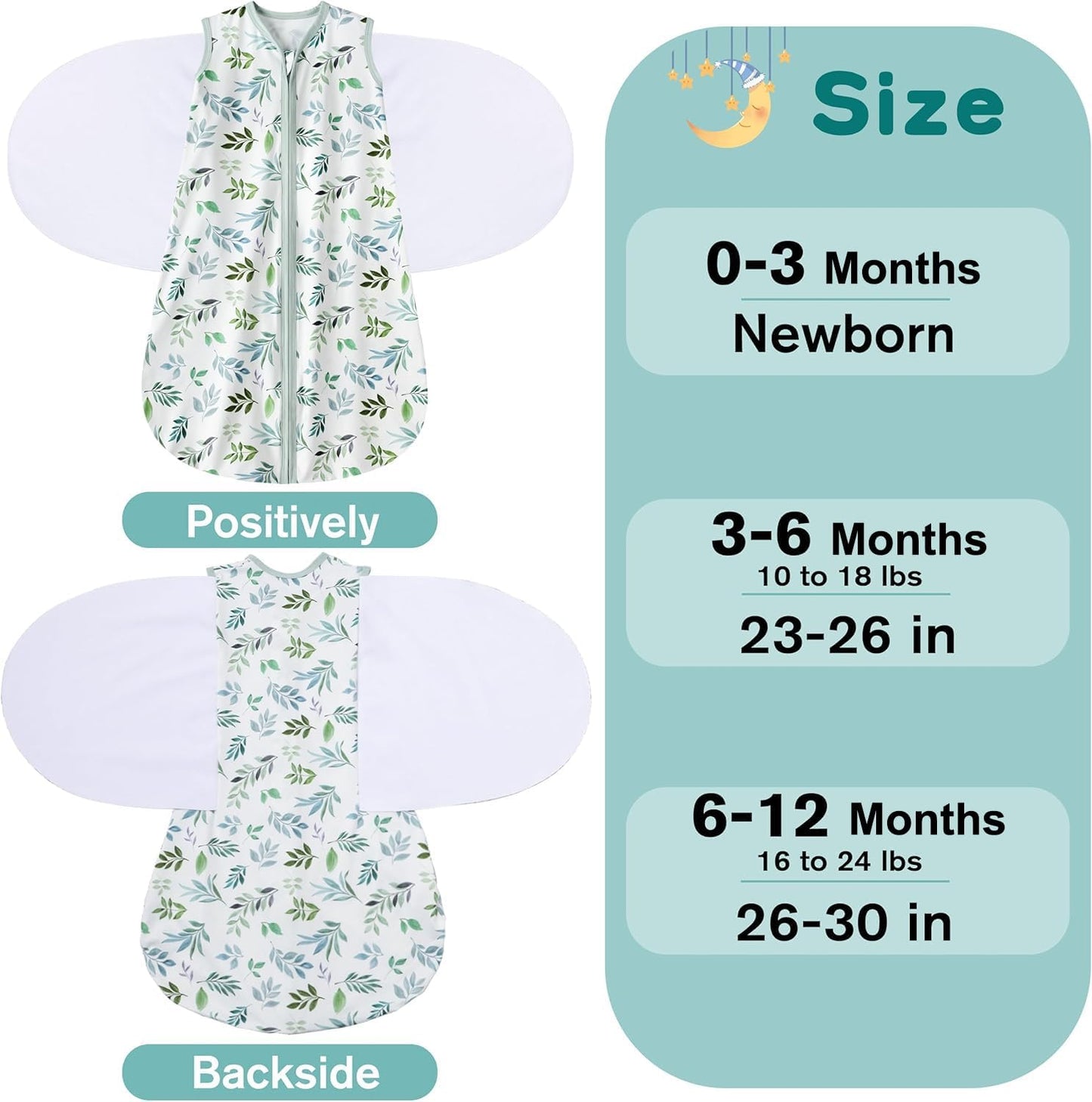 Newborn Sleep Sack Baby Swaddle,6-12 Months,3-Way Adjustable Wearable Blanket,100% Rayon Cotton Swaddling Sleeping Bag，TOG 0.5（Banana&Leaf）