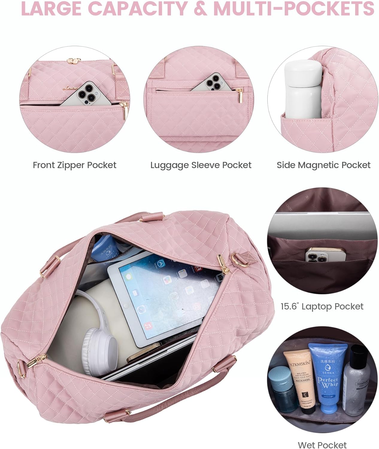 LOVEVOOK Travel Duffle Bag for Women, Weekender Overnight Bag with Shoe Compartment, Carry on Bag with Toiletry Bag, Gym Duffel Bag with Wet Pocket, Hospital Bags for Labor and Delivery 3 Pcs Set