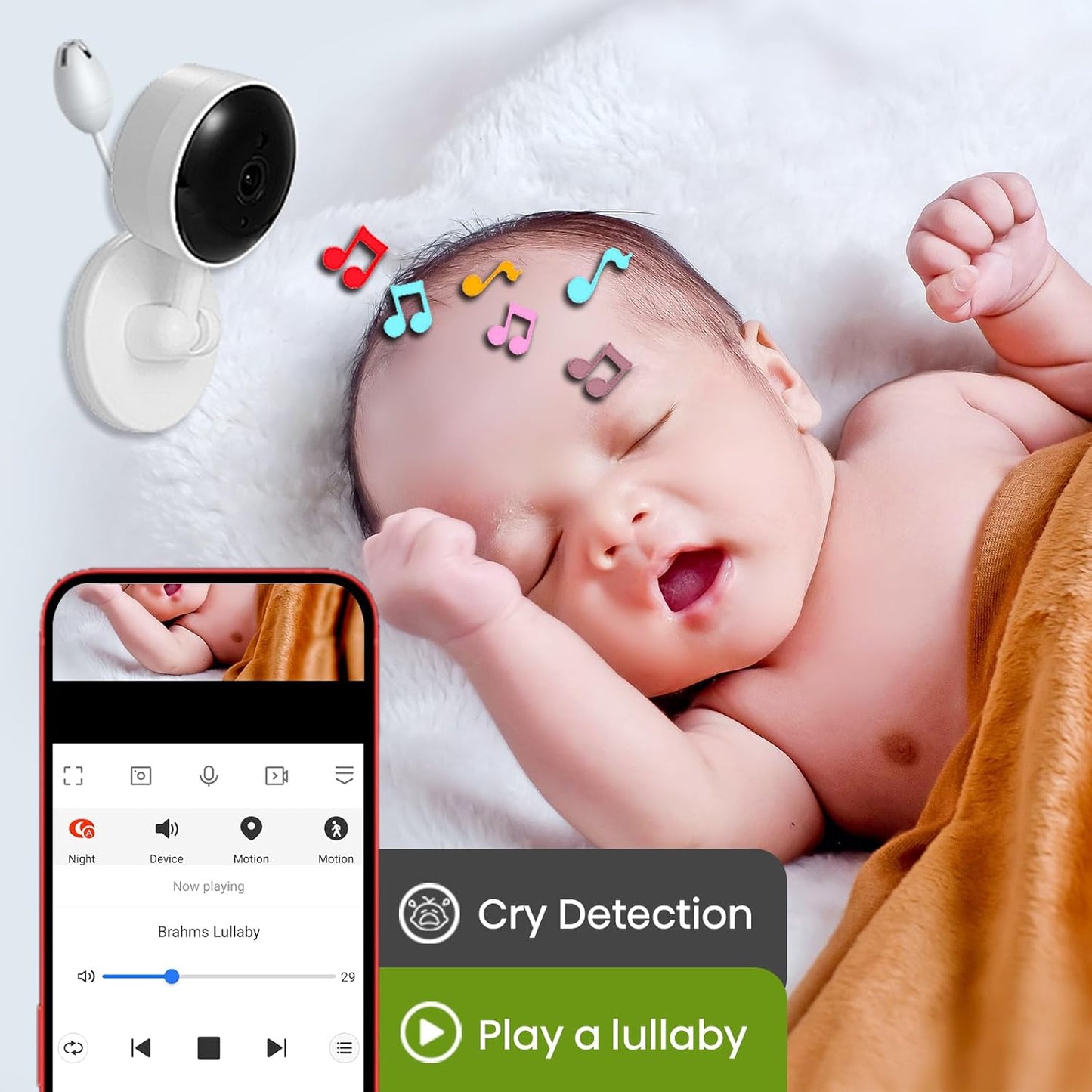 Baby Monitor with Camera and Audio, WiFi Indoor Video Baby Camera with Mount, Motion & Cry Detection, Temp & Humidity Sensor, Night Vision, 2 Way Audio, 4 Lullabies, APP Control