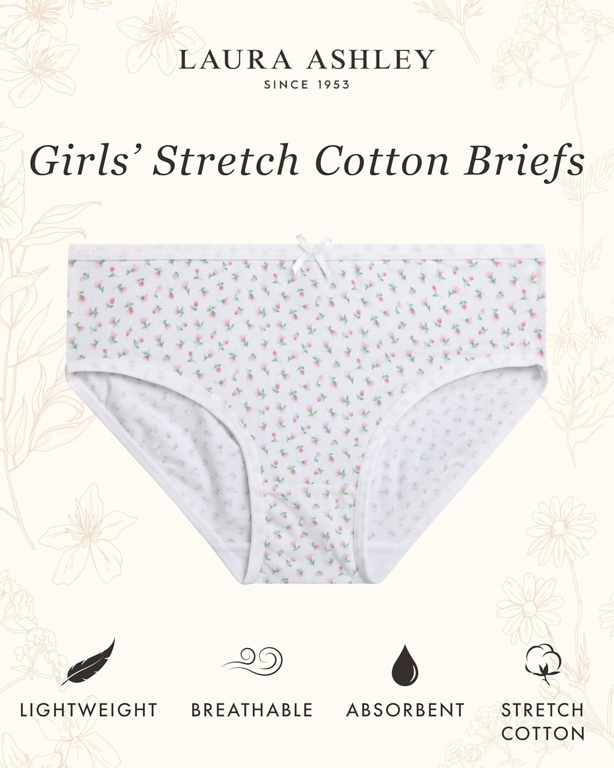 Laura Ashley Girls Underwear - 5 Pack Soft Stretch Breathable Panties for Girls - Lightweight Cotton Panties (Size: 4-12)