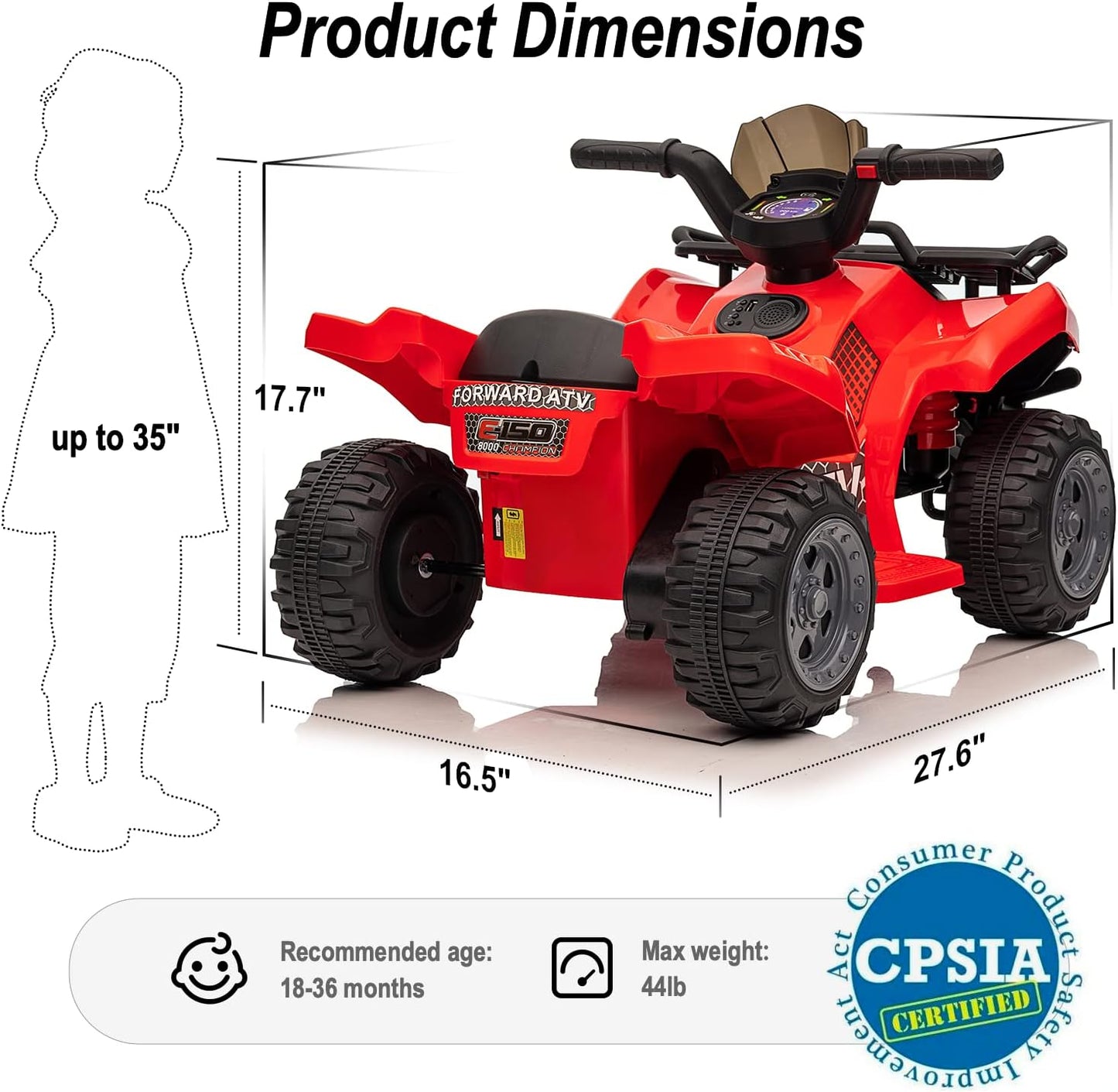 Kids ATV 4 Wheeler, 6V Ride-On Toy for Toddlers Boys & Girls with Music, Forward & Reverse - Red