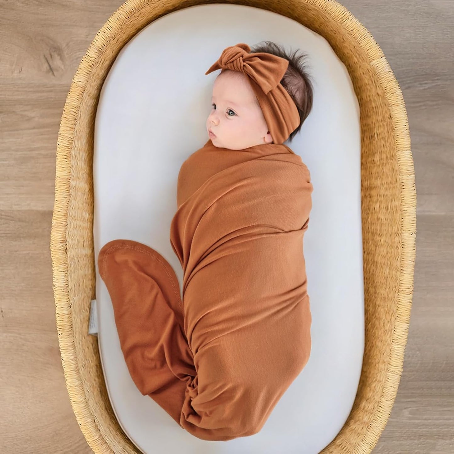 GRSSDER Newborn Swaddle Blanket, Ultra Soft Jersey Receiving Blanket with Matching Headband and Beanie Set, Stretchy Baby Swaddle 47×47", Extra Large Nursery Swaddles Wrap for Girls and Boys