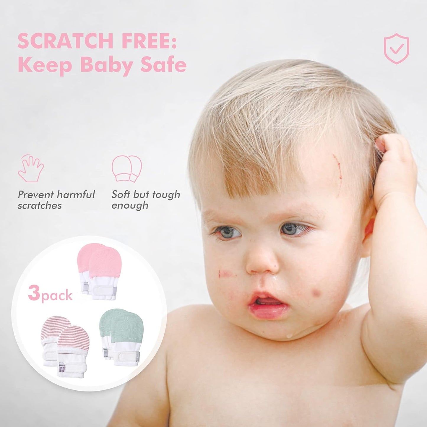 HAPIU Baby No Scratch Mittens Stay On, 100% Cotton Breathable, Adjustable Infant Gloves for Boys Girls, Newborn - 12 M