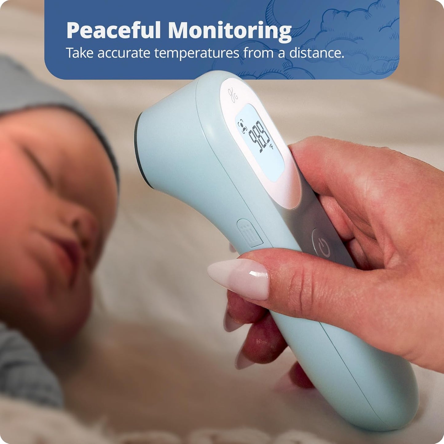 Greater Goods No-Touch Infrared Digital Thermometer for Adults, Kids, and Babies, Forehead Thermometer with Ergonomic Grip, Fever Alarm, Powder Blue