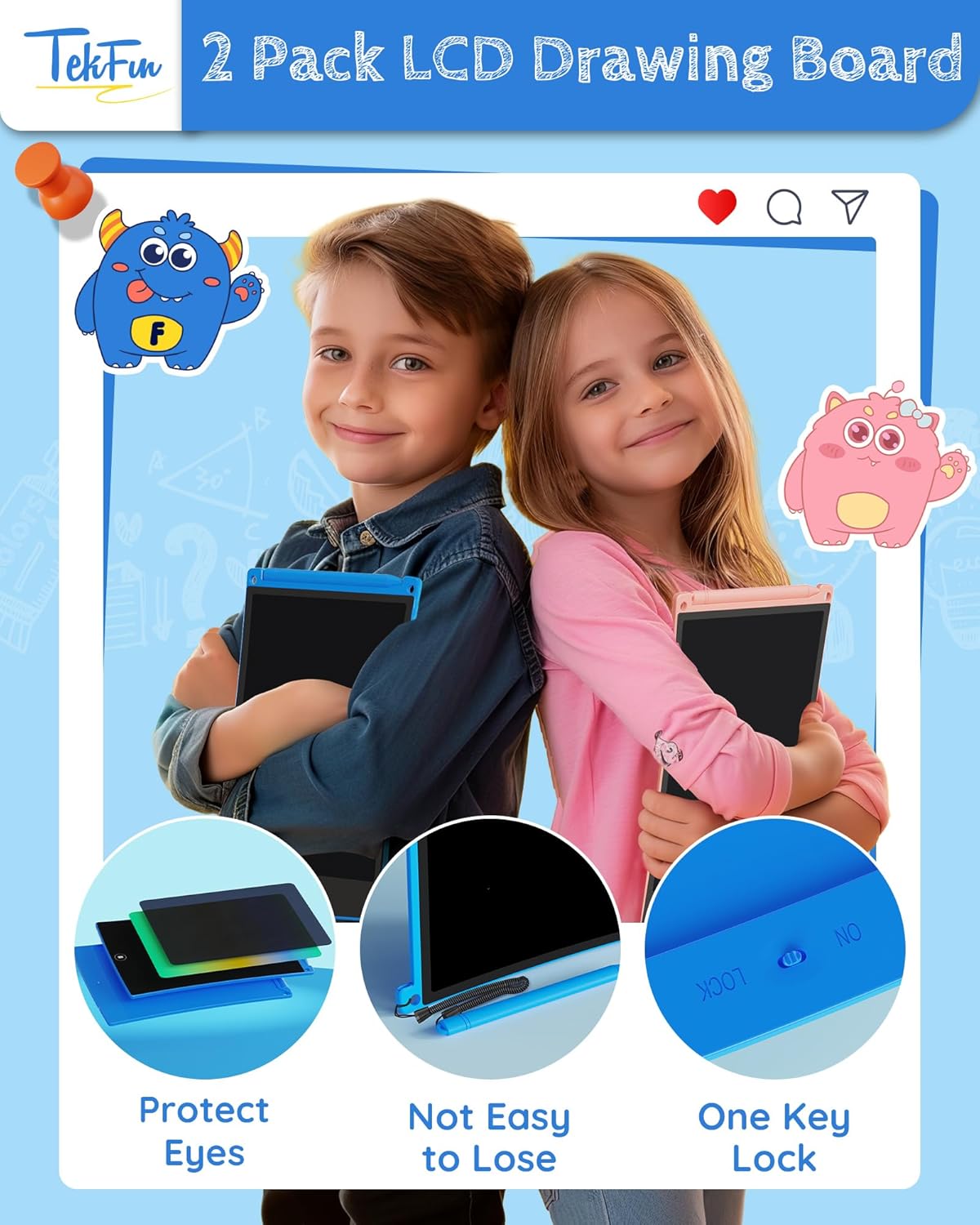 TEKFUN 8.5in 3 Pack LCD Writing Tablet for Kids Coloring Doodle Board Drawing Pad for Kids with Stylus, Educational Toys Birthday Class Bulk School Rewards Gift for 3 4 5 6 7 Kids Toddlers