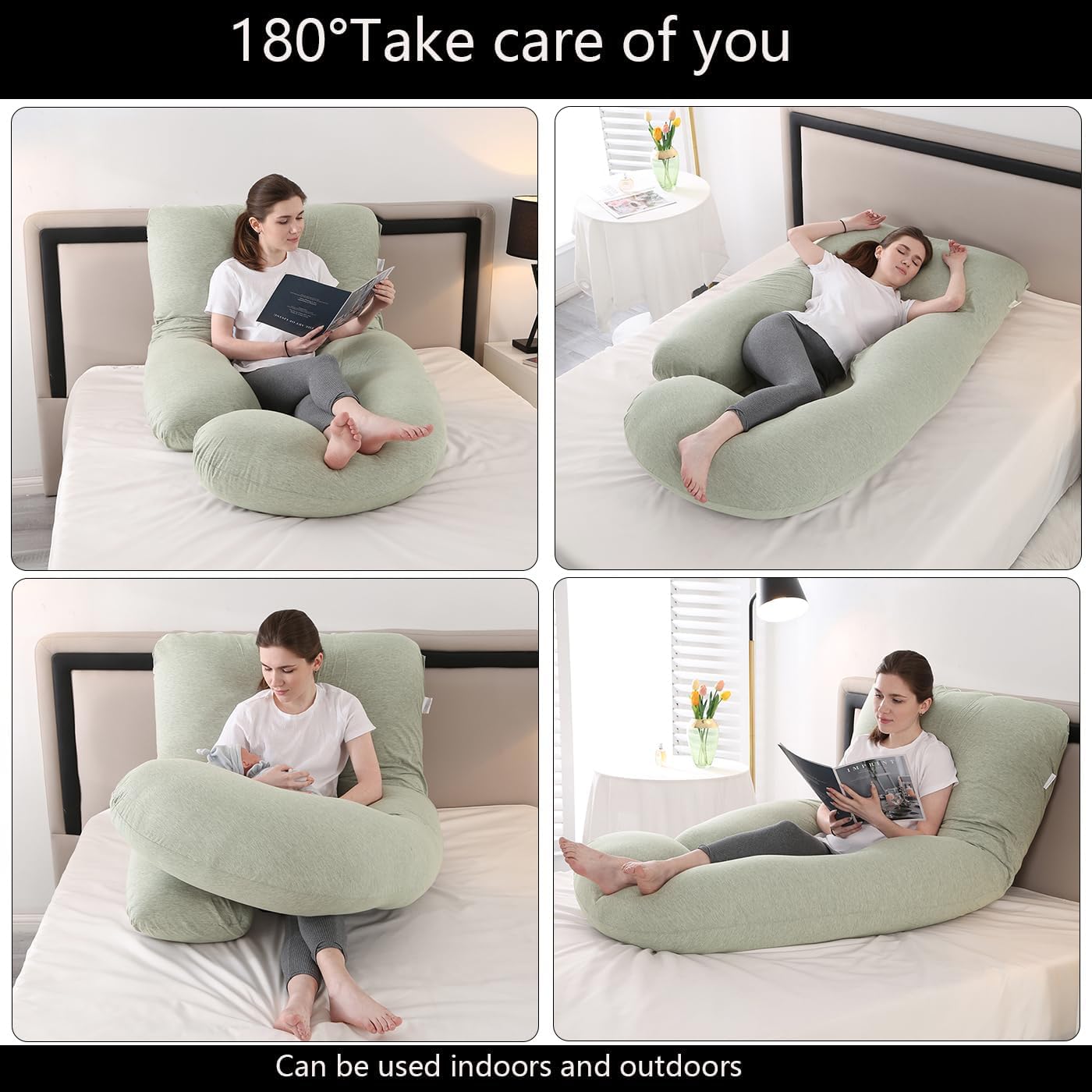 Pregnancy Pillow J-Shaped Full Body Pillow, 59 inch Cool Fabric Easy to Remove and Wash, Support Pregnant Women's Backs Legs and HIPS, Improve Sleep,Pregnancy Pillow for Women ，Pea Green