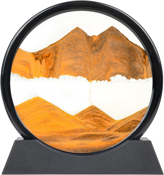 Drakswet Moving Sand Art Liquid Motion，Moving Sand Art Picture-3D Deep Sea Sandscape，Round Glass Frame Display Flowing Sand Relaxing Desktop Home Office Work Decor (Orange)