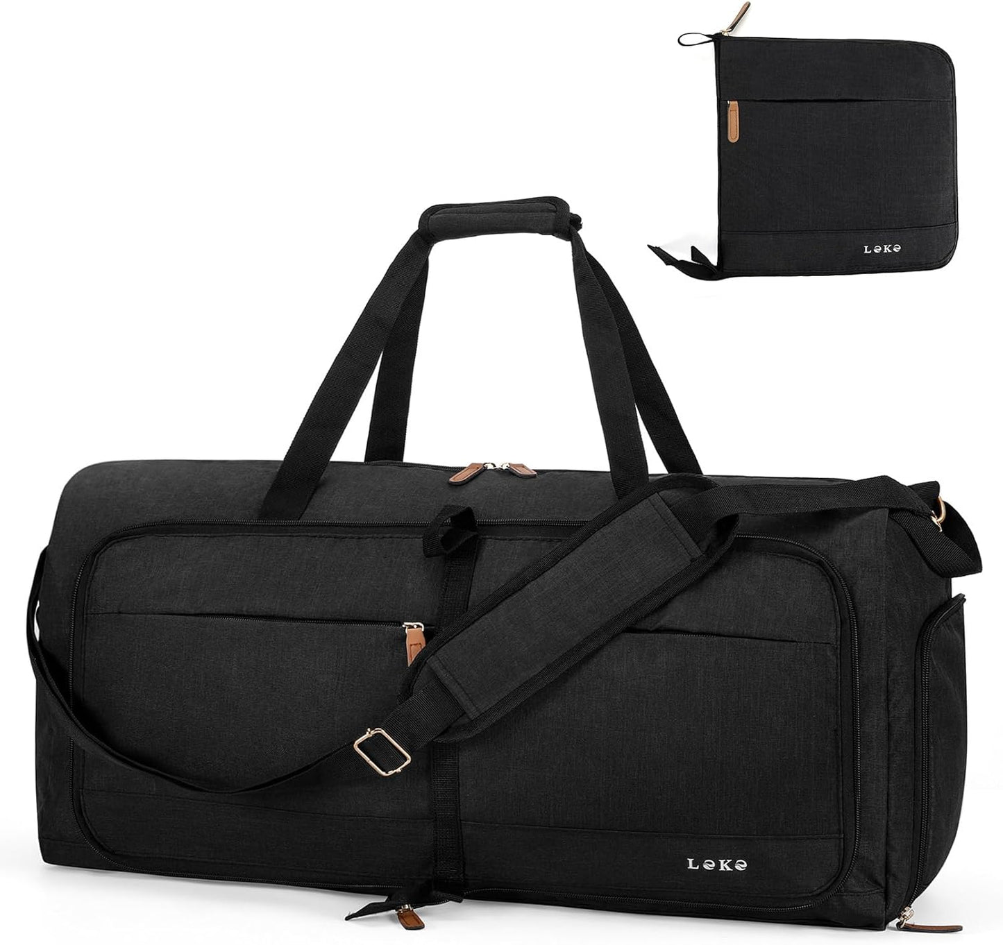 Lekesky Foldable Travel Duffle Bag for Women, 60L Large Duffel Bag with Separate Shoes Compartments & Straps, Carry On Weekend Bag for Women, Hospital, Overnight (Black)