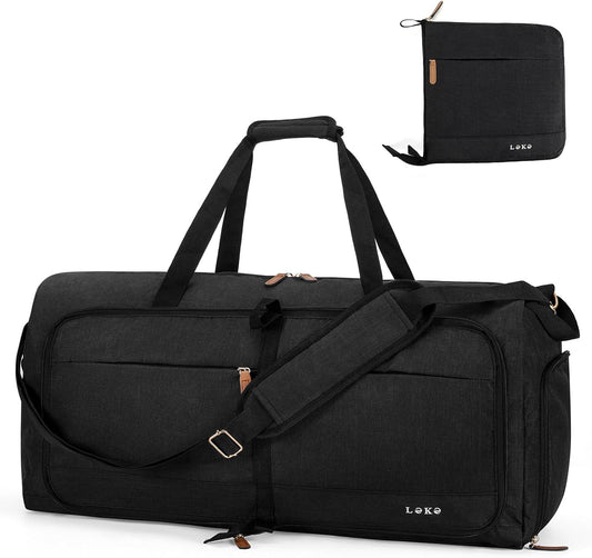 Lekesky Foldable Travel Duffle Bag for Women, 60L Large Duffel Bag with Separate Shoes Compartments & Straps, Carry On Weekend Bag for Women, Hospital, Overnight (Black)