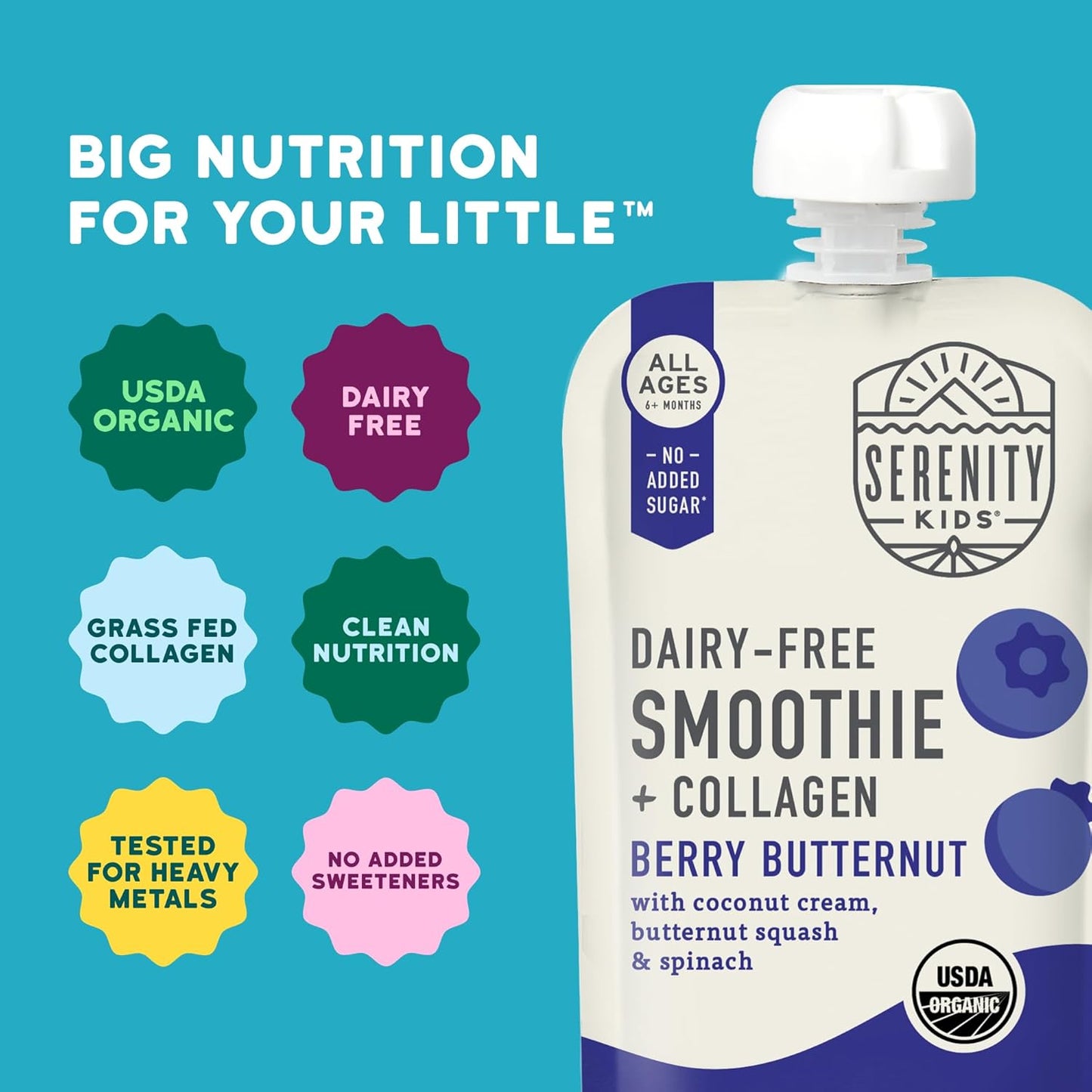 Serenity Kids 6+ Months Dairy Free Smoothie Baby Food - USDA Organic - Grass Fed Collagen Protein - 3.5 Ounce BPA-Free Pouch - Berry Butternut Protein Smoothie Baby Pouches - 6 Count
