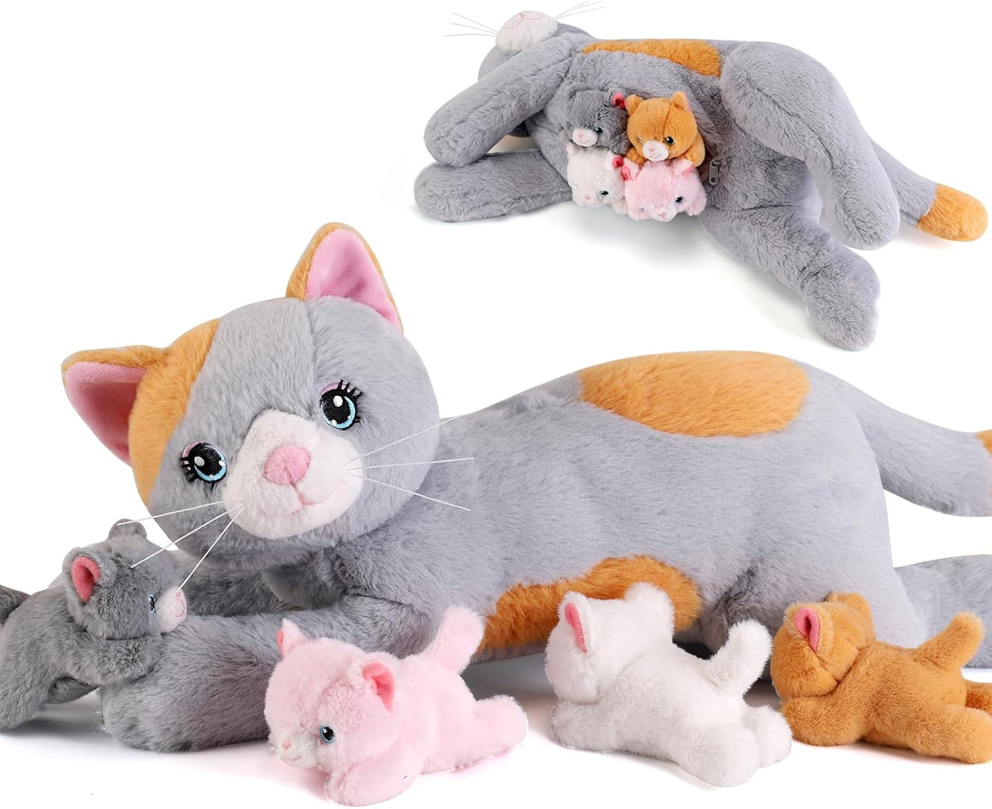 5 Pieces Cat Stuffed Animals with Babies Inside Belly - 1 Mommy Stuffed Cat with 4 Kittens - Stuffed Kitty Plush Toys for Kid Age 3-8, Gift Ideal for Christmas, Valentine's, Birthday (Grey)