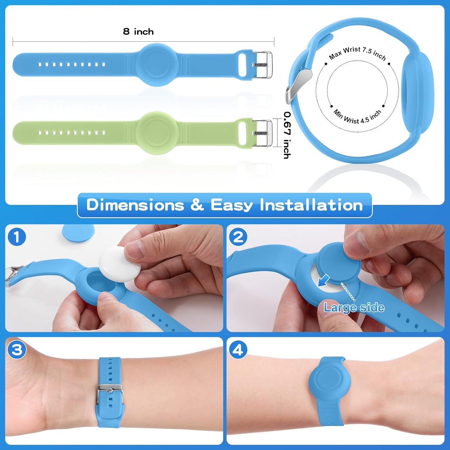 Waterproof Bracelet Compatible with Airtag Case for Kids(2 Pack), Soft Silicone Hidden Wristband, Lightweight GPS Tracker Compatible with Apple Air Tag Watch Band for Child (Grow in Dark Blue & Green)