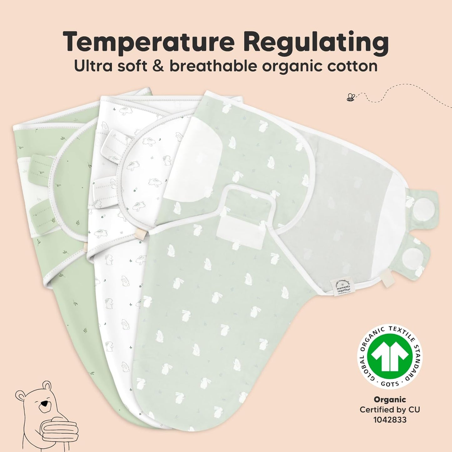 3-Pack Organic Baby Swaddle Sleep Sacks - Swaddles for Newborns, Infant 0-3 Months, Baby Girls, Boys, Soft & Snug Newborn Sleep Sack, Nursery Swaddling Blankets (Bunnies)