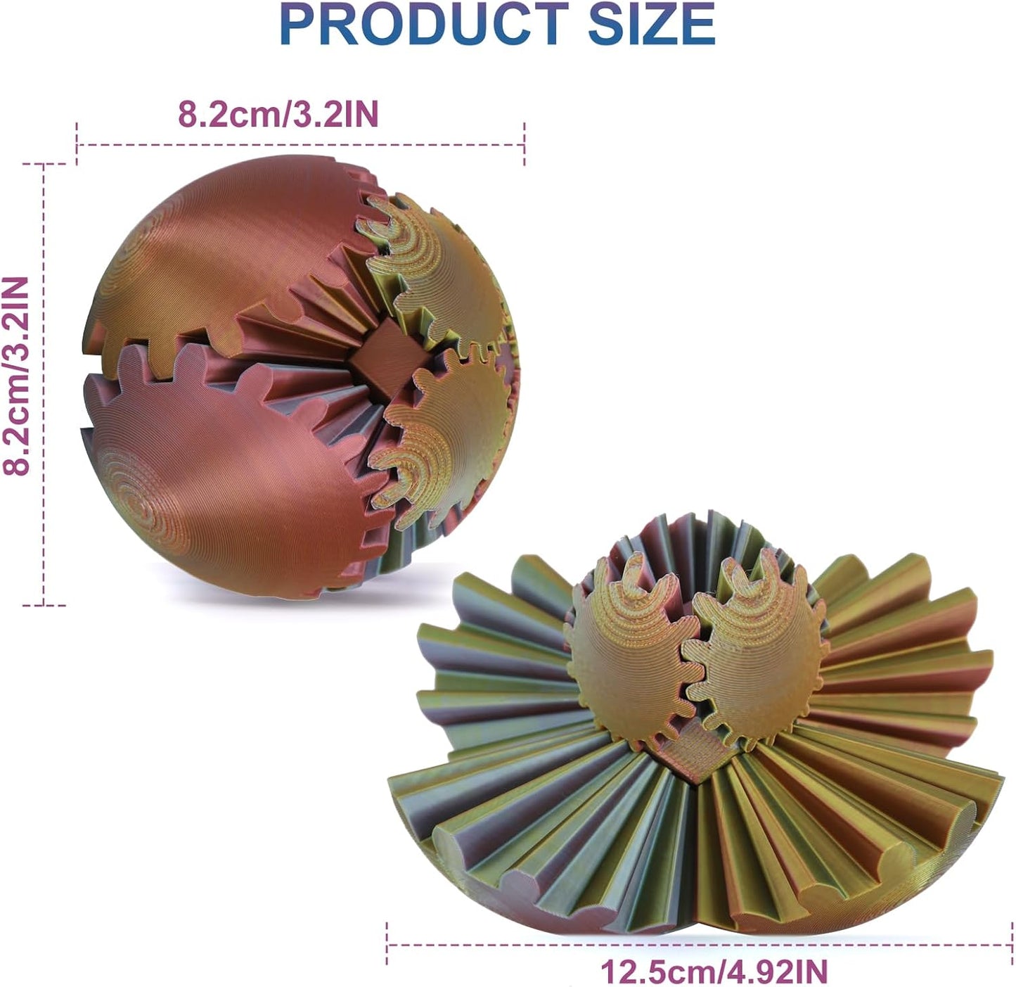 Gear Ball, Gear Sphere, 3D Printed Gear Ball Spin Ball Cube Fidget Toys GearSphere Ball, Stress Ball, Gear Sphere Desk Toy, Fidget Ball, Gear Toy for Stress and Anxiety Relaxing (Laser Color F)