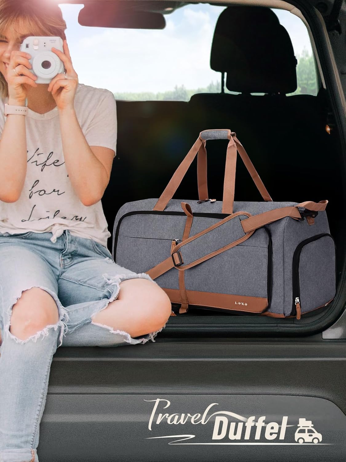 Lekesky Foldable Travel Duffel Bag for Women, 60L Large Duffle Bag with Separate Shoes Compartments & Straps, Carry On Weekend Bag for Women, Hospital, Overnight(Grey)