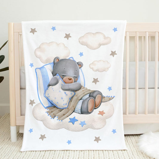 UNIQUE Little Bear Ultra Soft Fleece Baby Blanket 30x40in, Cute Sleeping Bear Baby Blanket, Boy