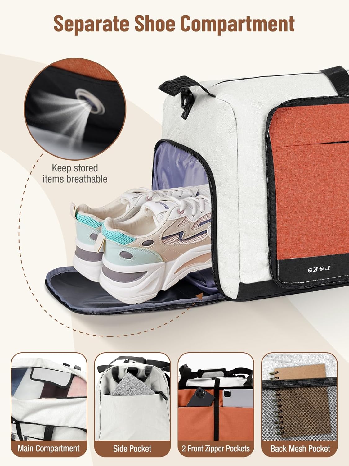 Lekesky Foldable Travel Duffle Bag for Women, Large Duffel Bag with Separate Shoes Compartments & Straps, Carry On Weekend Bag for Women, Hospital, Overnight (Cinnamon & Camel, 80L)