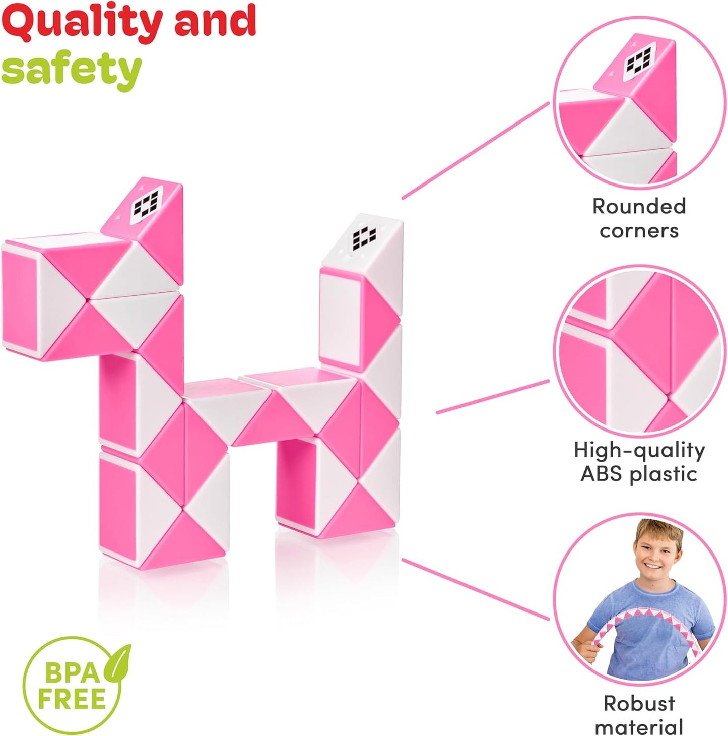 CUBIDI® Magic Snake Cube | Fidget Snake Toy for Kids | Travel Toys for Kids Ages 4-8 | Great Gift for Boys and Girls Birthday, Christmas, Stocking Stuffers - 24 Blocks | 0.9 inch x 0.7 inch | Pink