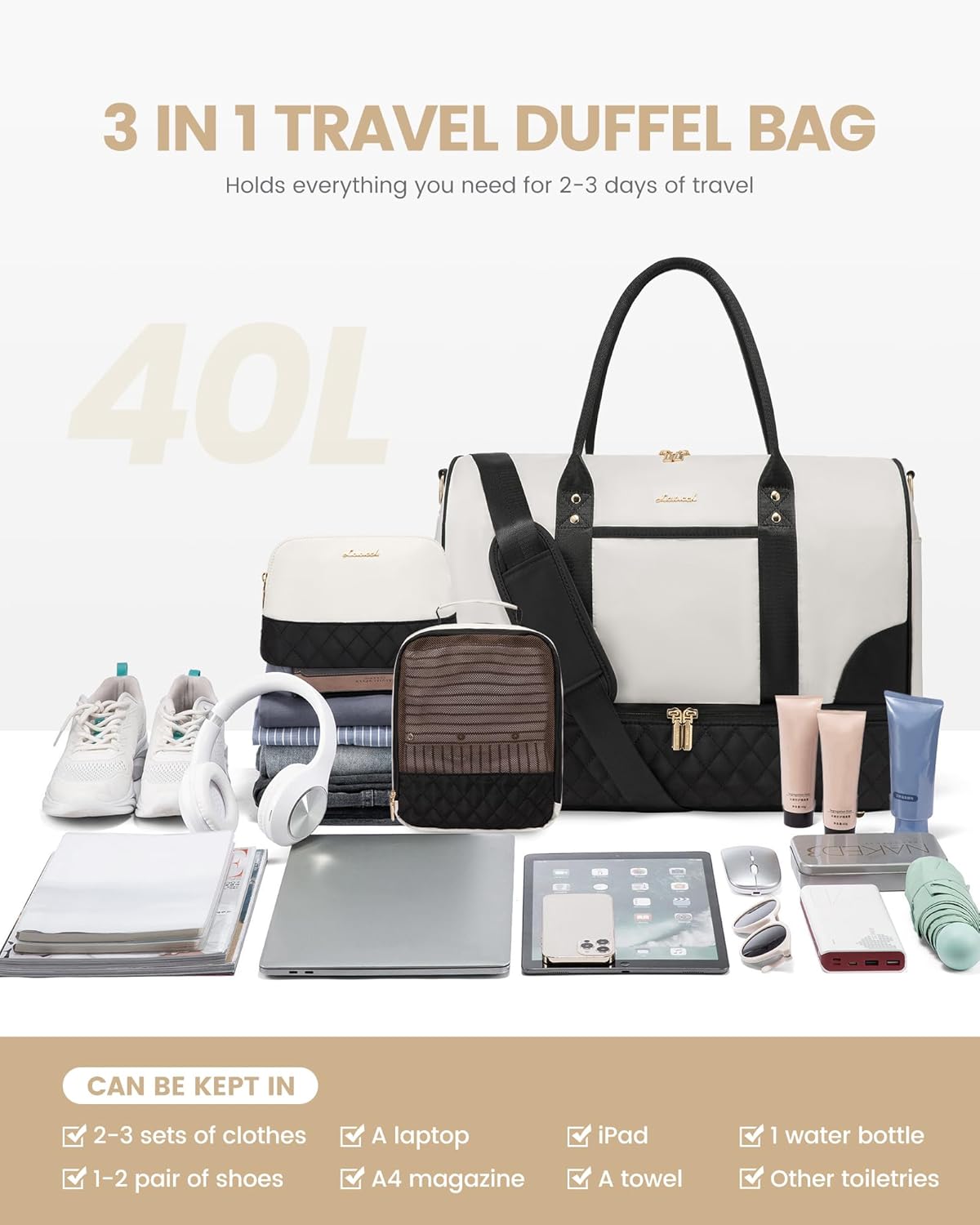 LOVEVOOK Travel Bag,Weekender Bag for Women Travel Duffle Bag with Shoe Compartment,Carry on Overnight Bag with Wet Pocket,Gym Yoga Duffel Bag,Hospital Bags for Labor and Delivery,3 Pcs Set