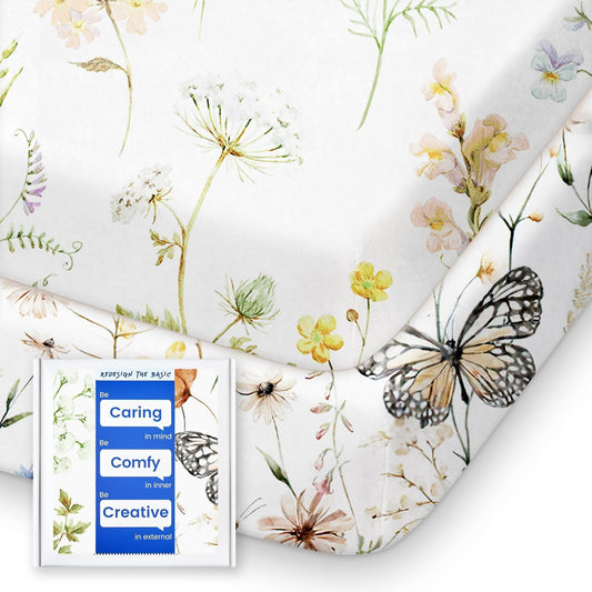 Pack N Play Sheets Fitted, TotBasic Ultra Soft Flower Mini Crib Sheets, Premium Jersey Knit Pack and Play Sheets Girl, Stretchy Play Yard Sheets for Pack and Play Mattress, 2 Pack (Flower Butterfly)