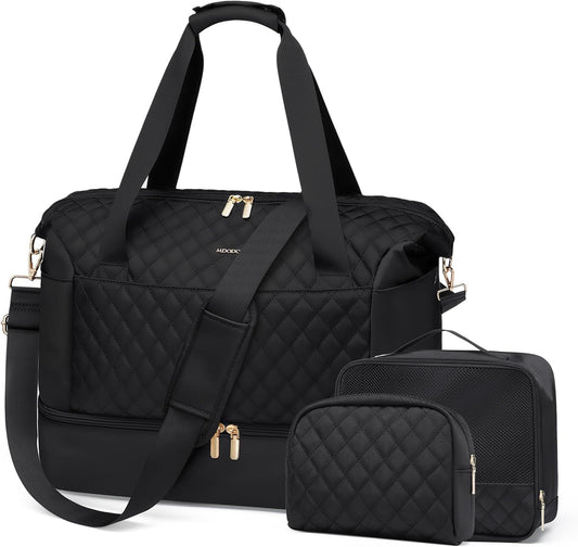 Travel Duffel Bag for Women Weekender Overnight Carry on Tote Duffle Bag Personal Item Bag with Shoe Compartment for Business,Trips,Travel,Sports,Gym,Yoga,Hospital, 3 Pcs Set, 43L,Black