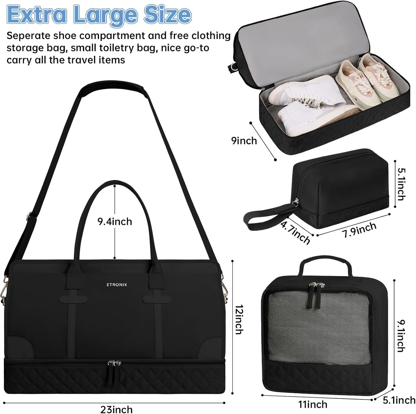 ETRONIK Weekender Overnight Duffle with Shoe Compartment & Wet Pocket, Carry On Gym Bag for Travel & Hospital, XL Black