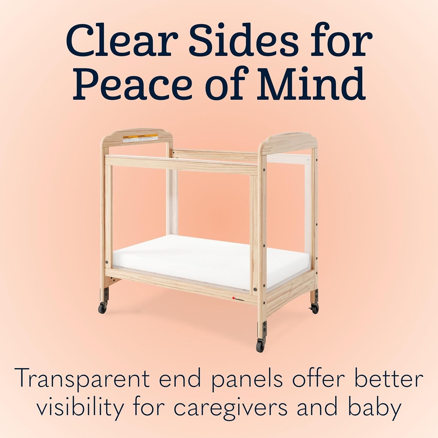 Foundations Serenity Compact Clearview Daycare Crib, Fixed Side, Durable Wood Construction, Non-Marking Casters (2 Locking), Includes 3” InfaPure Foam Mattress (Natural)