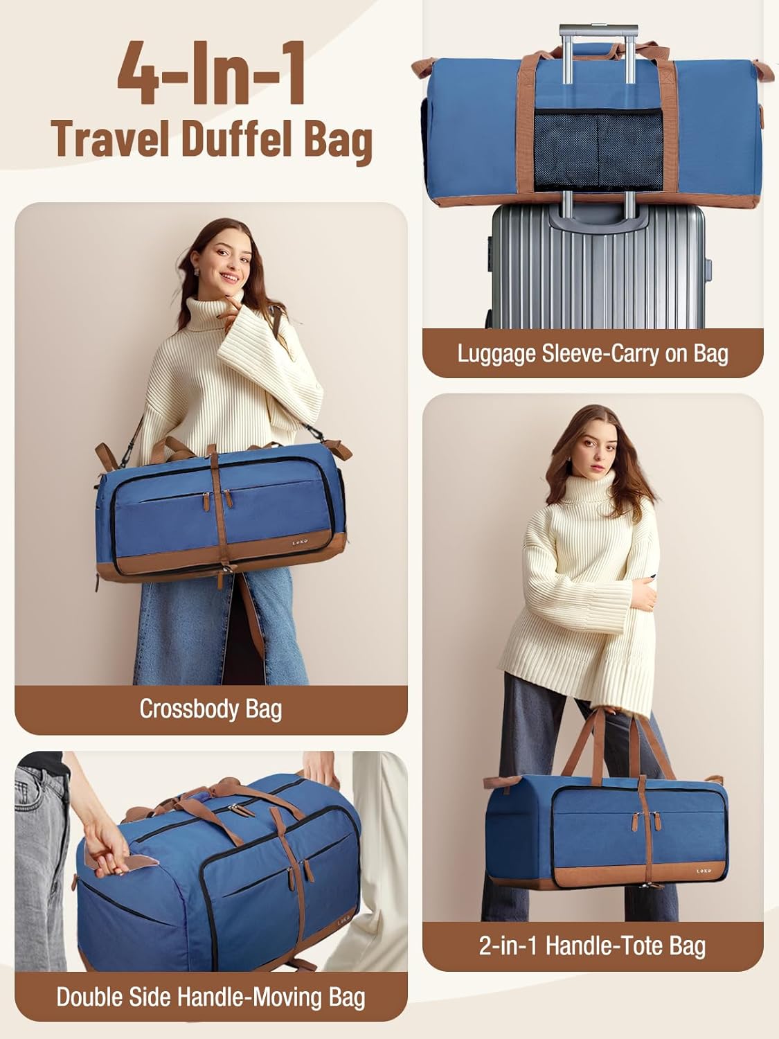 Lekesky Foldable Travel Duffel Bag for Women, 80L Large Duffle Bag with Separate Shoes Compartments & Straps, Carry On Weekend Bag for Women, Hospital, Overnight(Navy Blue)