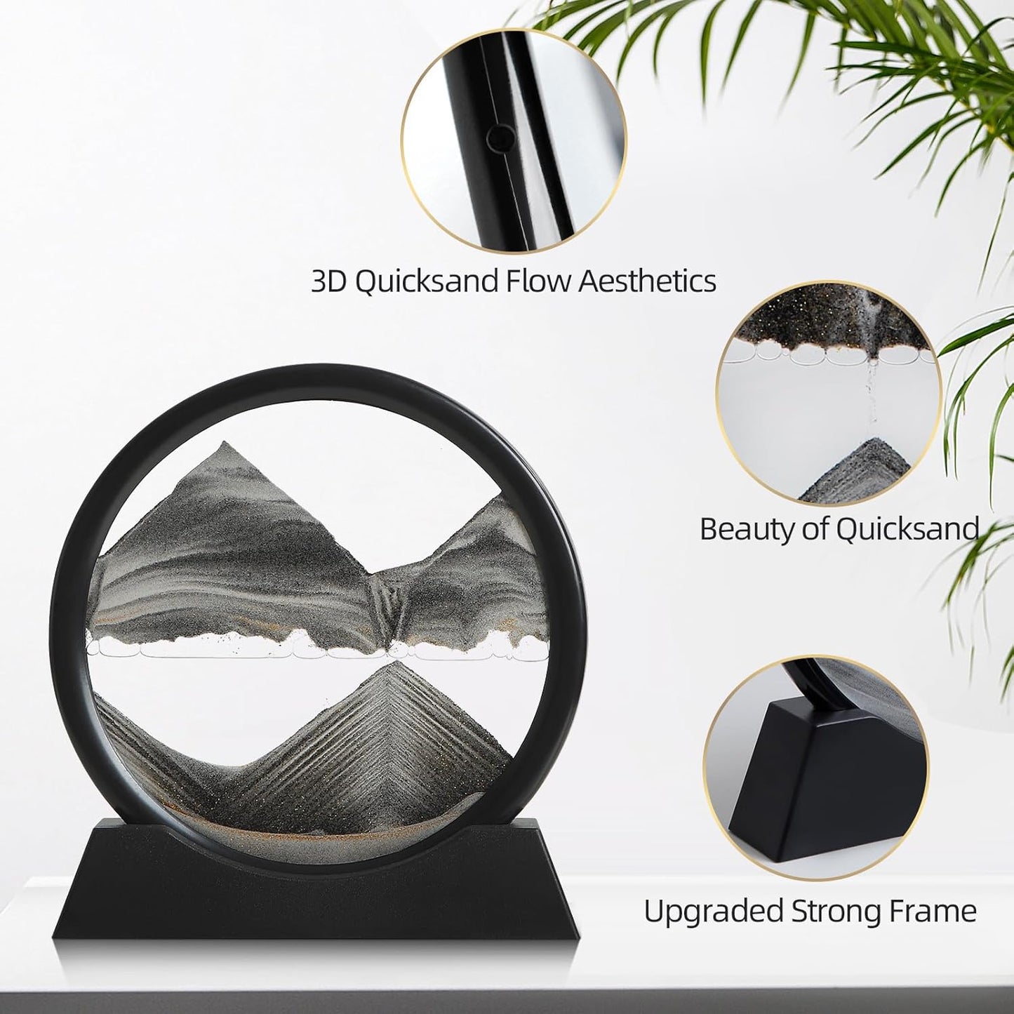 KPNUWN Moving Sand Art Liquid Motion, 3D Deep Sea Sandscape Color Quicksand Decor, Round Glass Moving Sand Art Picture Relaxing Desktop Home Office Work Decor (7 inch-Black)