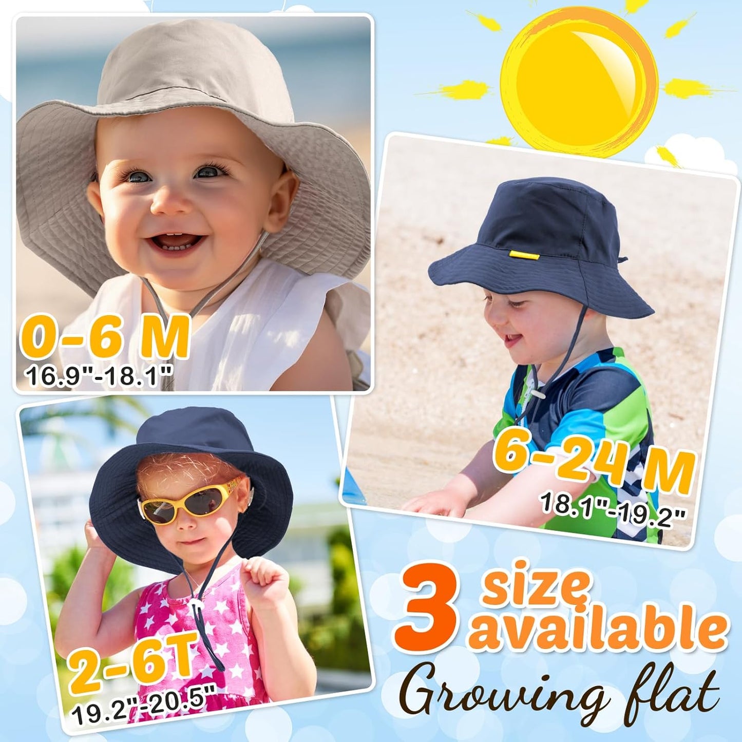 Baby Sun Hat Kids Summer UPF 50+ Toddler Bucket Hat Wide Brim Adjustable Beach Hats for Boys Girls Age 0-6 Years