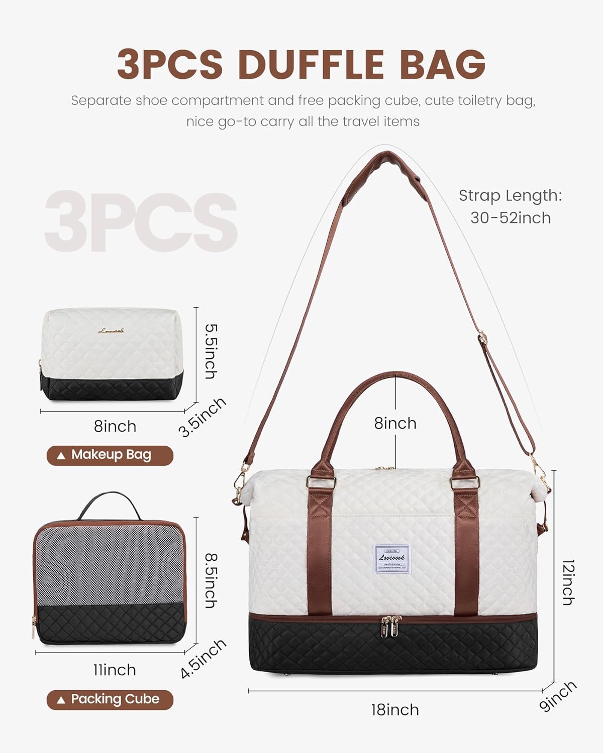 LOVEVOOK Travel Weekender Bag for Women, Carry on Overnight Bag with Shoe Compartment, Travel Duffle Bag Women, Yoga Gym Duffel Bag with Wet Pocket, Hospital Bags for Labor and Delivery, 3 Pcs Set