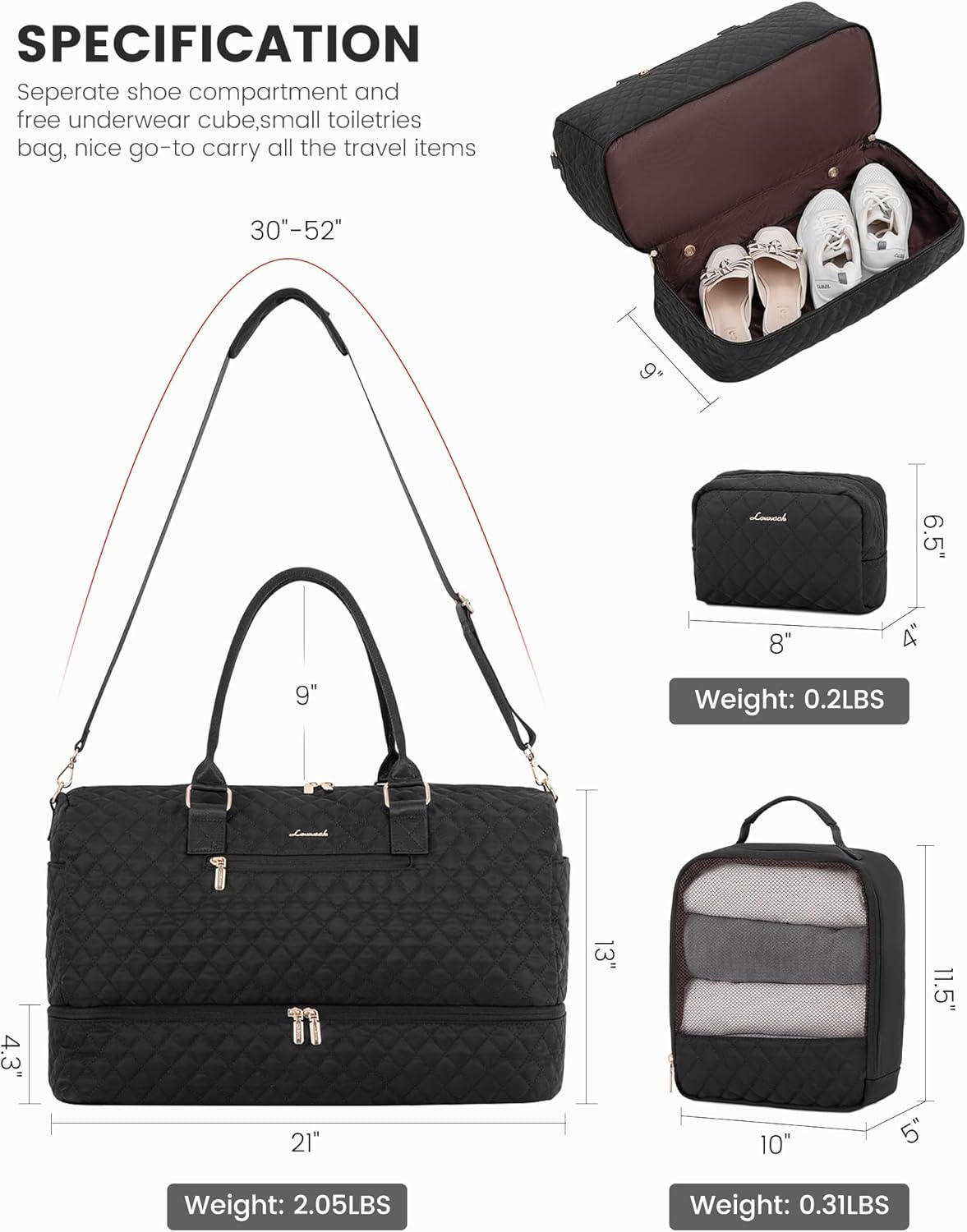 LOVEVOOK Travel Duffle Bag for Women, Weekender Overnight Bag with Shoe Compartment, Carry on Bag with Toiletry Bag, Gym Duffel Bag with Wet Pocket, Hospital Bags for Labor and Delivery 3 Pcs Set