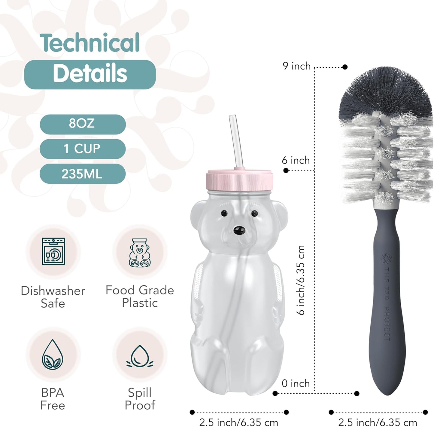 Honey Bear Straw Cup for Babies, 8oz Honey BearCup with Bottle Brush, 2-Pack Improved Lid Therapy Learning Honeybear Straw Cup for Baby, Cherry Blossom & Unicorn