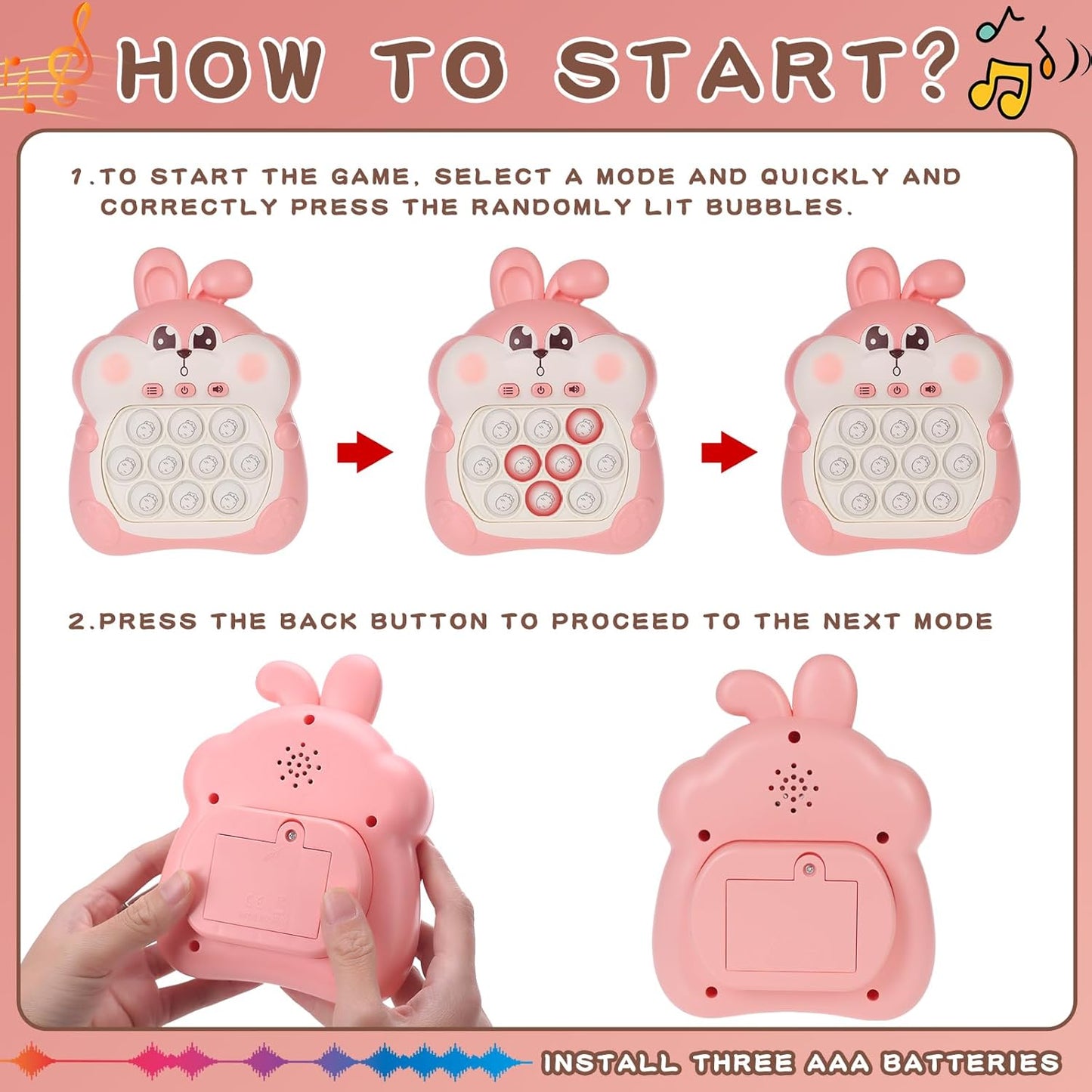 Fast Push Game Pop Fidget Toys for Kids, Fast Push Bubble Game, Quick Push Pop Game for Boys & Girls Age 3-12, Handheld Puzzle Game Sensory Toys Relaxation and Decompression (Pink Bunny)