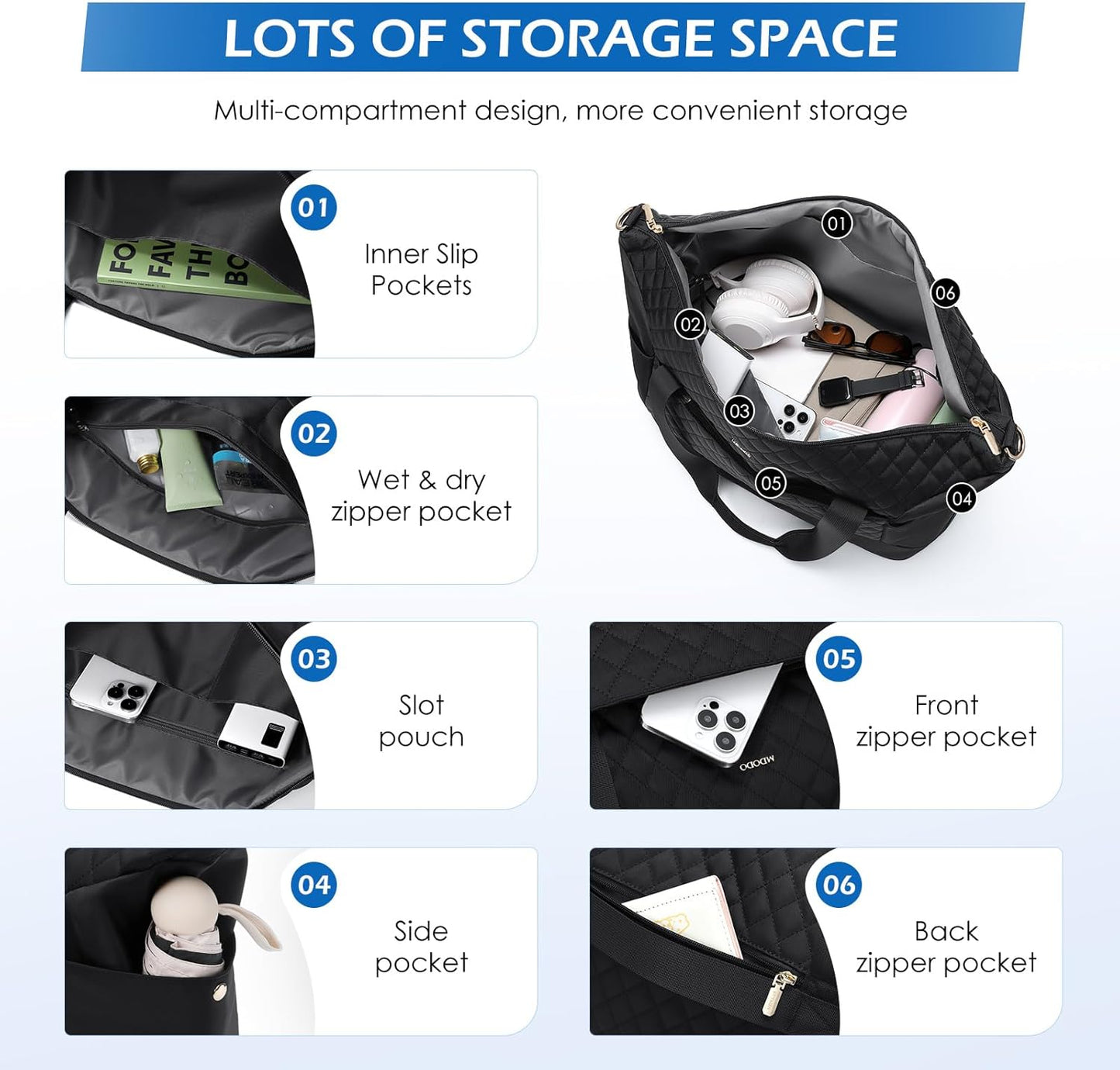 Travel Duffel Bag for Women Weekender Overnight Carry on Tote Duffle Bag Personal Item Bag with Shoe Compartment for Business,Trips,Travel,Sports,Gym,Yoga,Hospital, 3 Pcs Set, 43L,Black