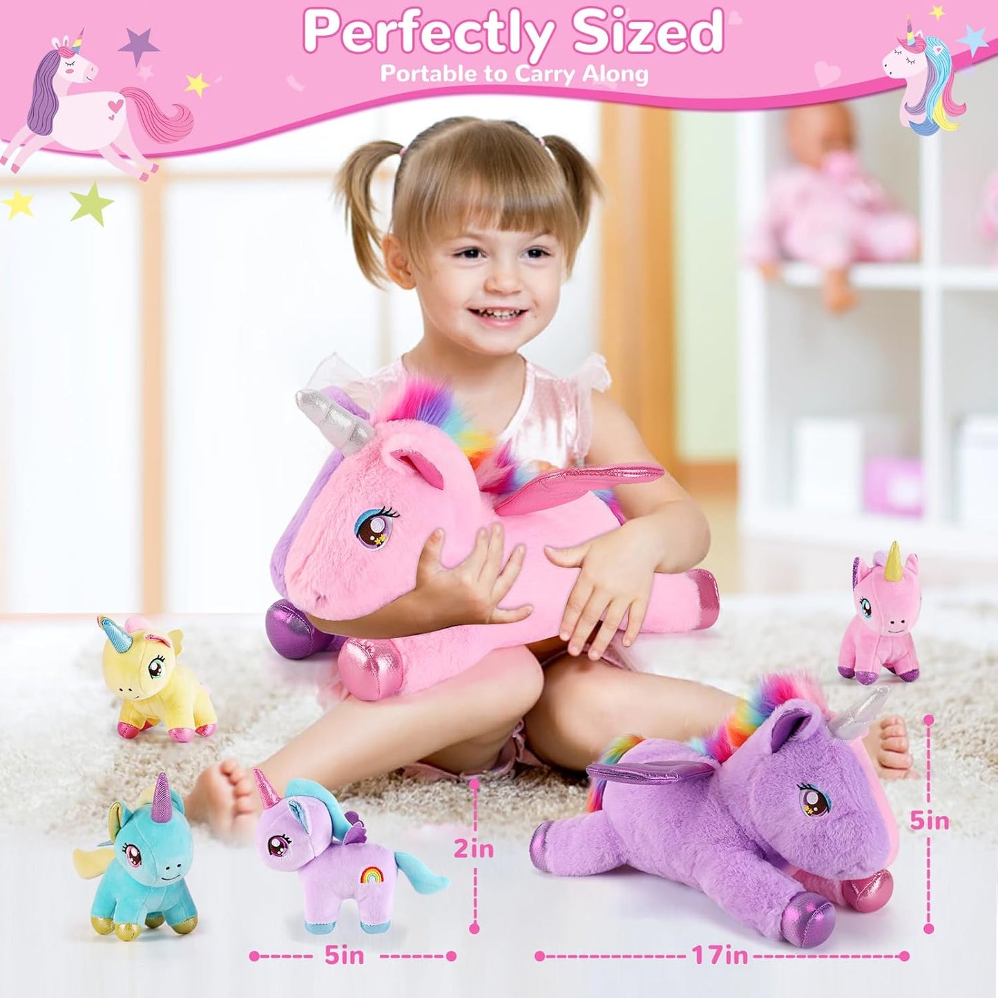 5 Pieces Unicorn Stuffed Animals - 1 Mommy Stuffed Unicorn with 4 Babies - Unicorns Gifts for Girls Ages 3-8, Unicorns Plush Toys for Christmas, Valentine's, Birthday Gifts (Pink & Purple)