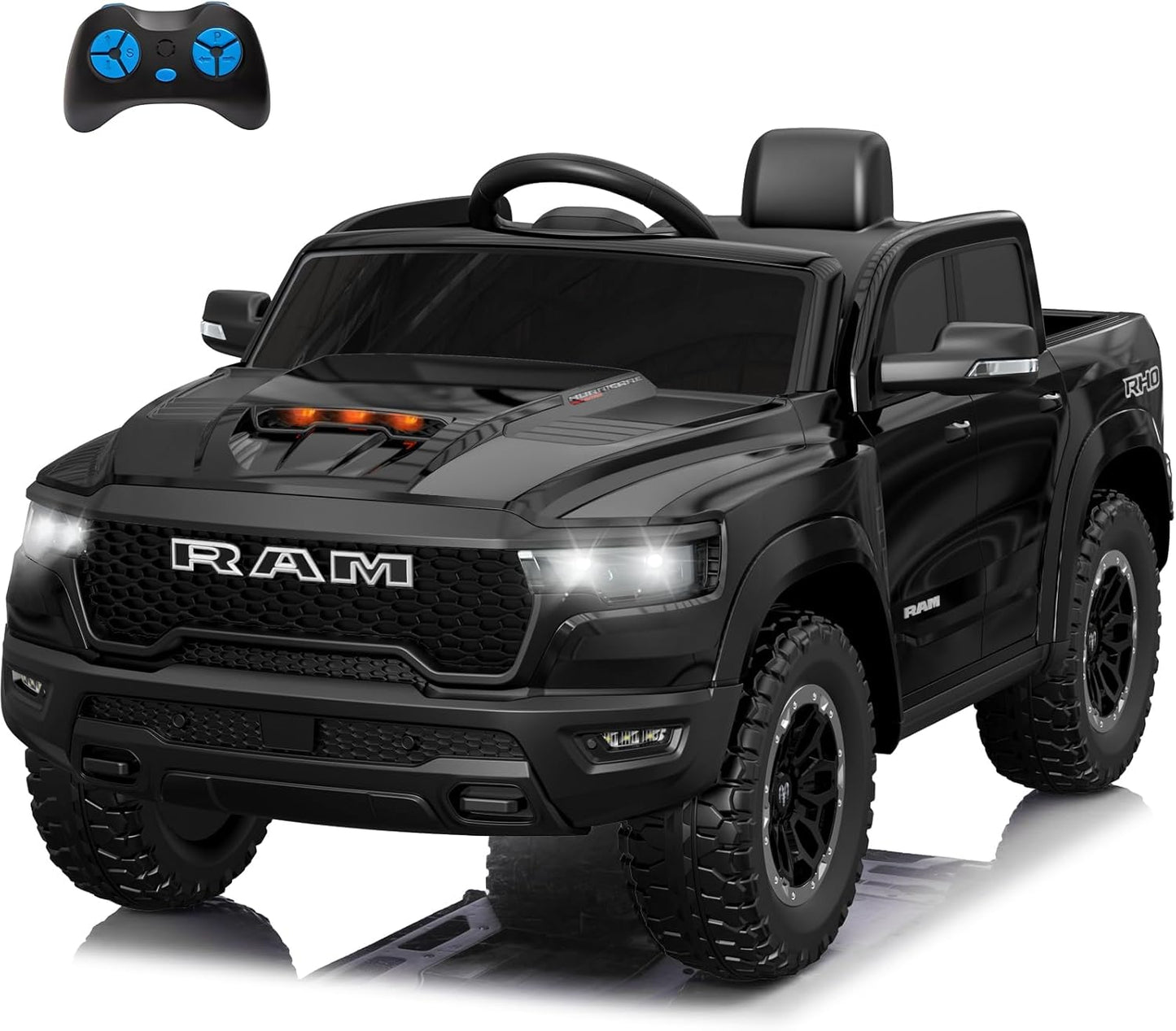 Licensed Ram 1500 Ride on Toys for Kids 4-8, Ride-on Electric Car for Kids with Remote Control, Battery Powered with Car Key/Gear Selector, LED Light/Music/MP3, Back Storage (Black)