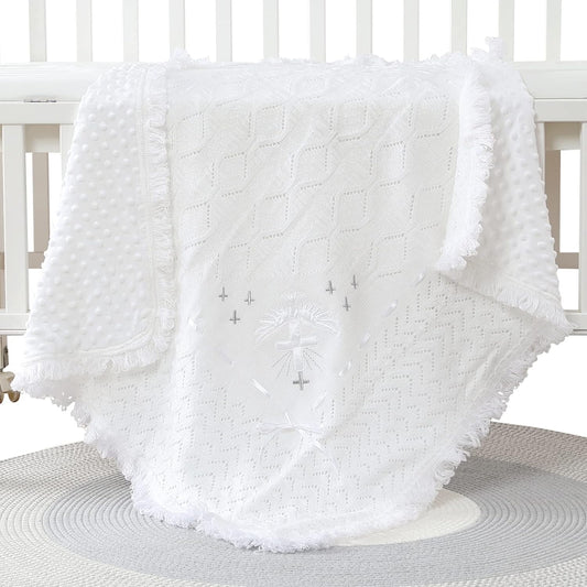 Booulfi Baby Christening Blanket Newborn White Baby Blanket Shawl Neutral Knitted Baptism Blankets for Babies Fleece Lined Winter Warm Blankets,Size 37x39 “