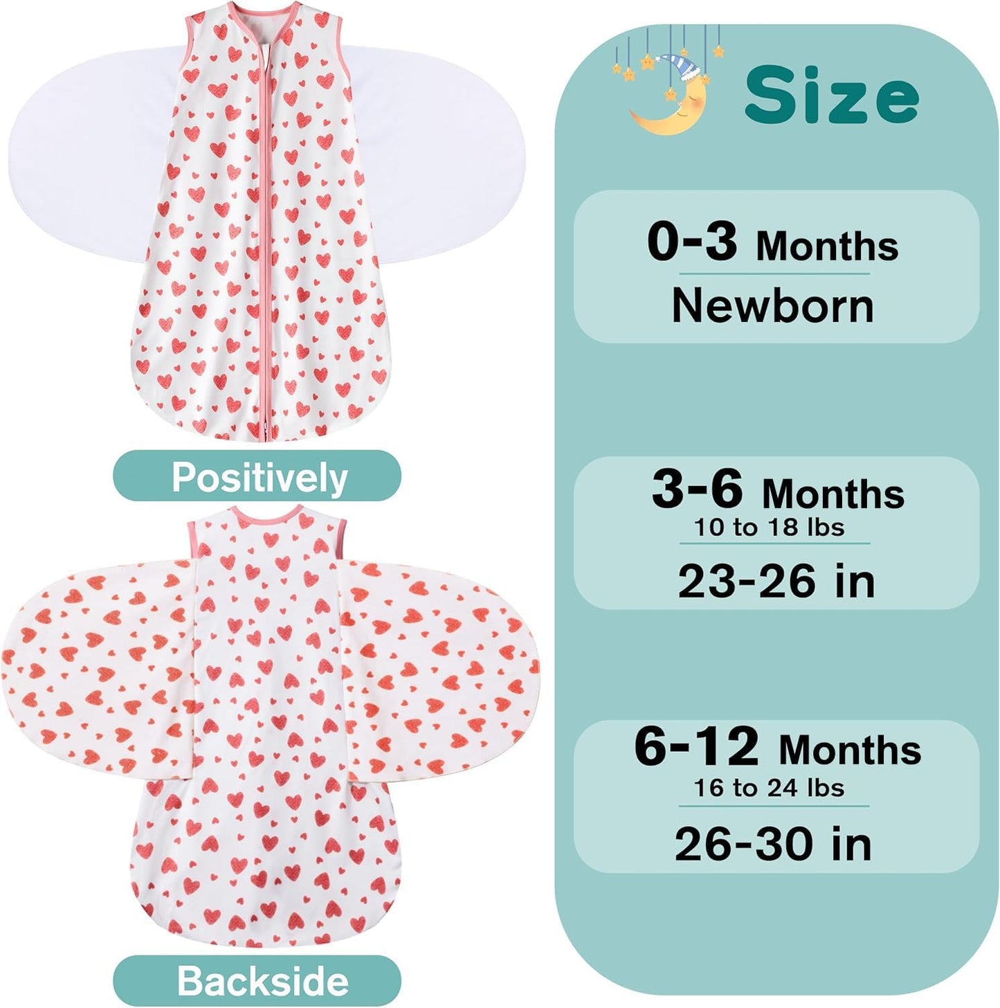 Newborn Sleep Sack Baby Swaddle,Swaddle me 0-3 Month,3-Way Adjustable Wearable Blanket,100% Rayon Cotton Swaddling Sleeping Bag，TOG 0.5 (Love, 0-3 Months)