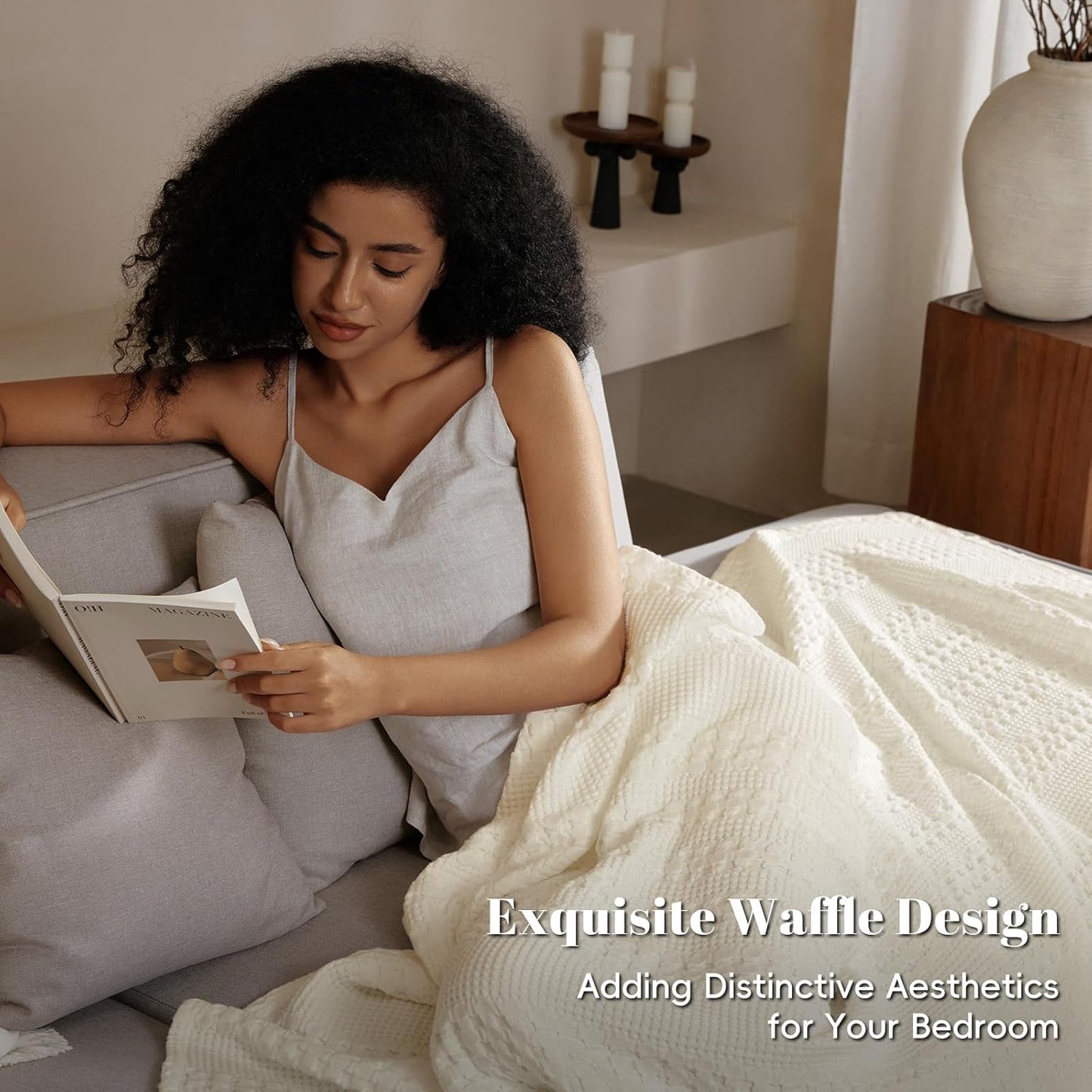 PHF 100% Cotton Waffle Weave Blanket Queen Size, Soft Lightweight Breathable Cozy Summer Blankets for Bed, Luxury Aesthetic Woven Bedding for Home Decor, 90"x90", Cannoli Cream