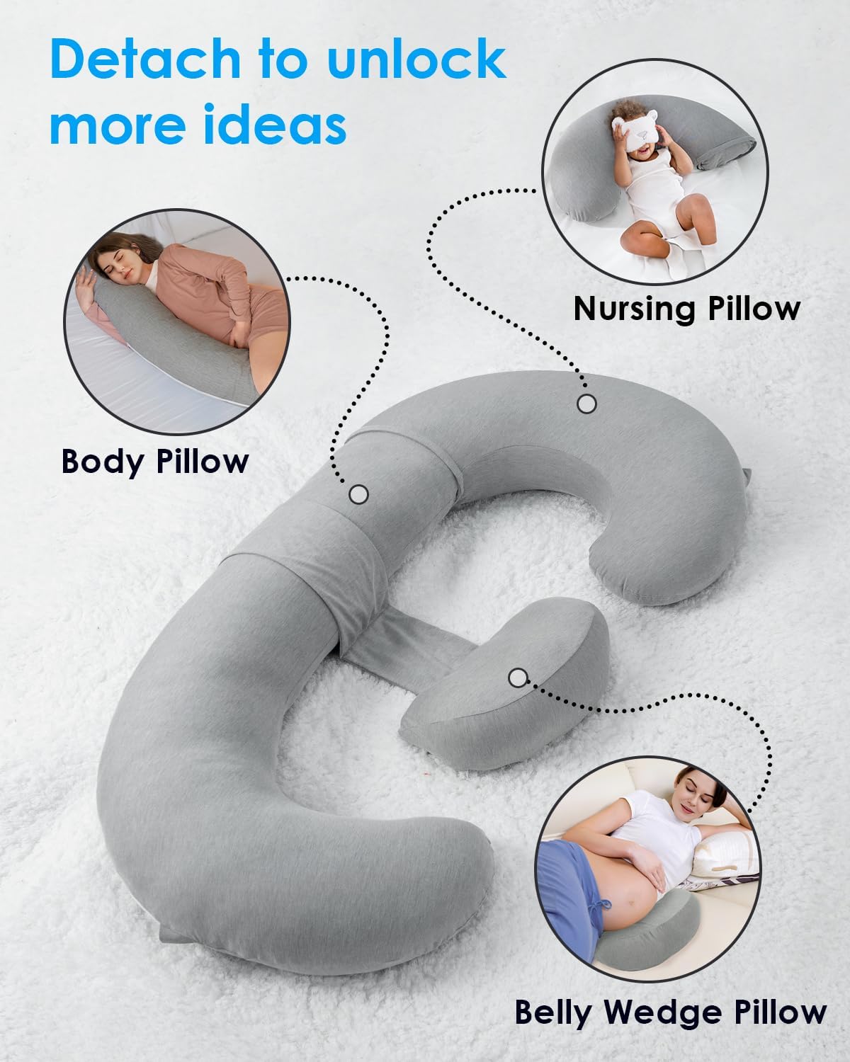QUEEN ROSE Cooling Pregnancy Pillows, E Shaped Maternity Pillow for Sleeping, with Extra Wedge Pillow for Belly Support, 55 Inch Detachable Body Pillow, Breathable Cover, Grey
