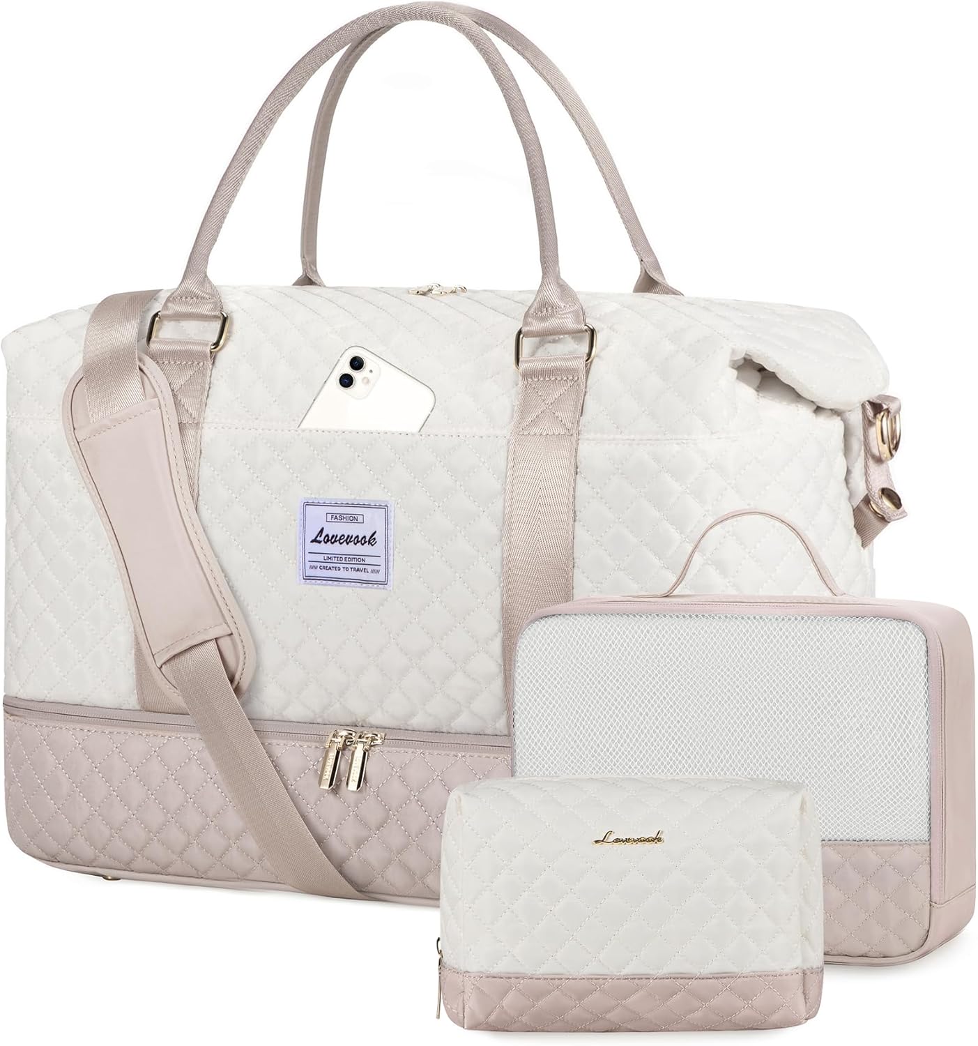 LOVEVOOK Travel Weekender Bag for Women, Large Carry on Overnight Bag with Shoe Compartment, Travel Duffle Bag Women, Yoga Gym Duffel Bag with Wet Pocket,Hospital Bags for Labor and Delivery,3 Pcs Set