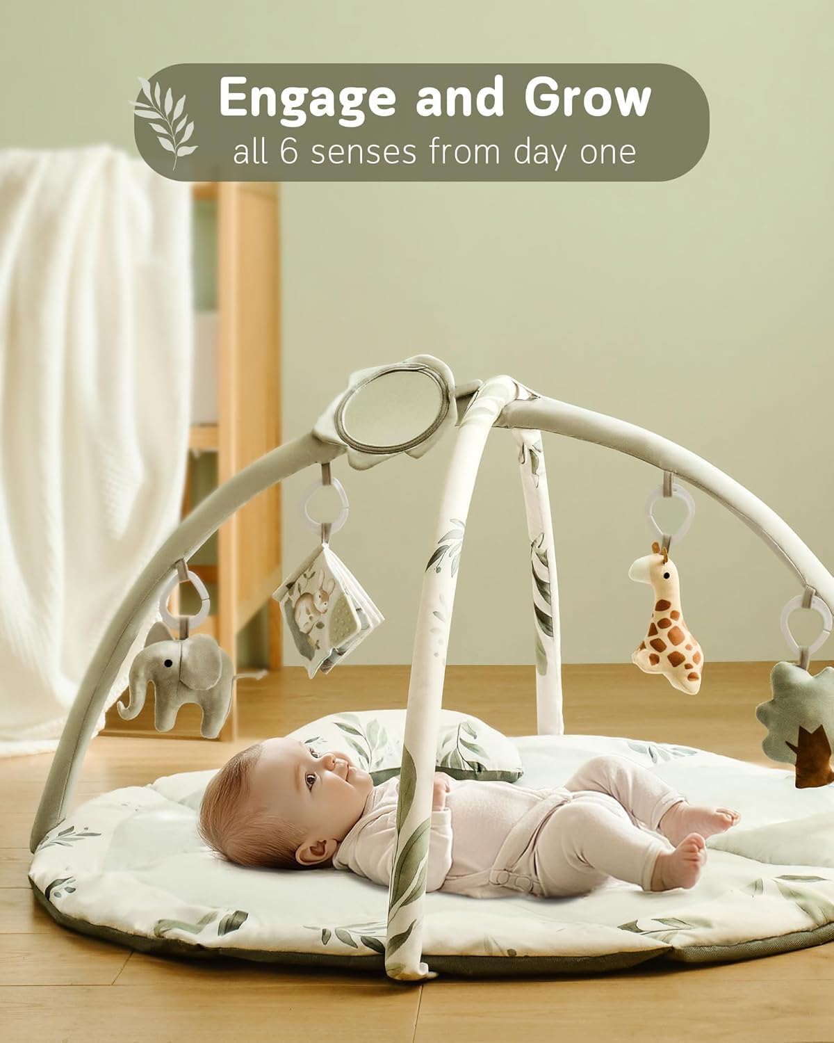 Fortella Baby Play Gym & Activity Mat, Tummy Time Mat w 5 Detachable Toys and Pillow, Large Sensory Playmat for Floor, Newborn Infant Baby Essentials Shower Gift 0-3-6-9-12 Months (Sage Green)