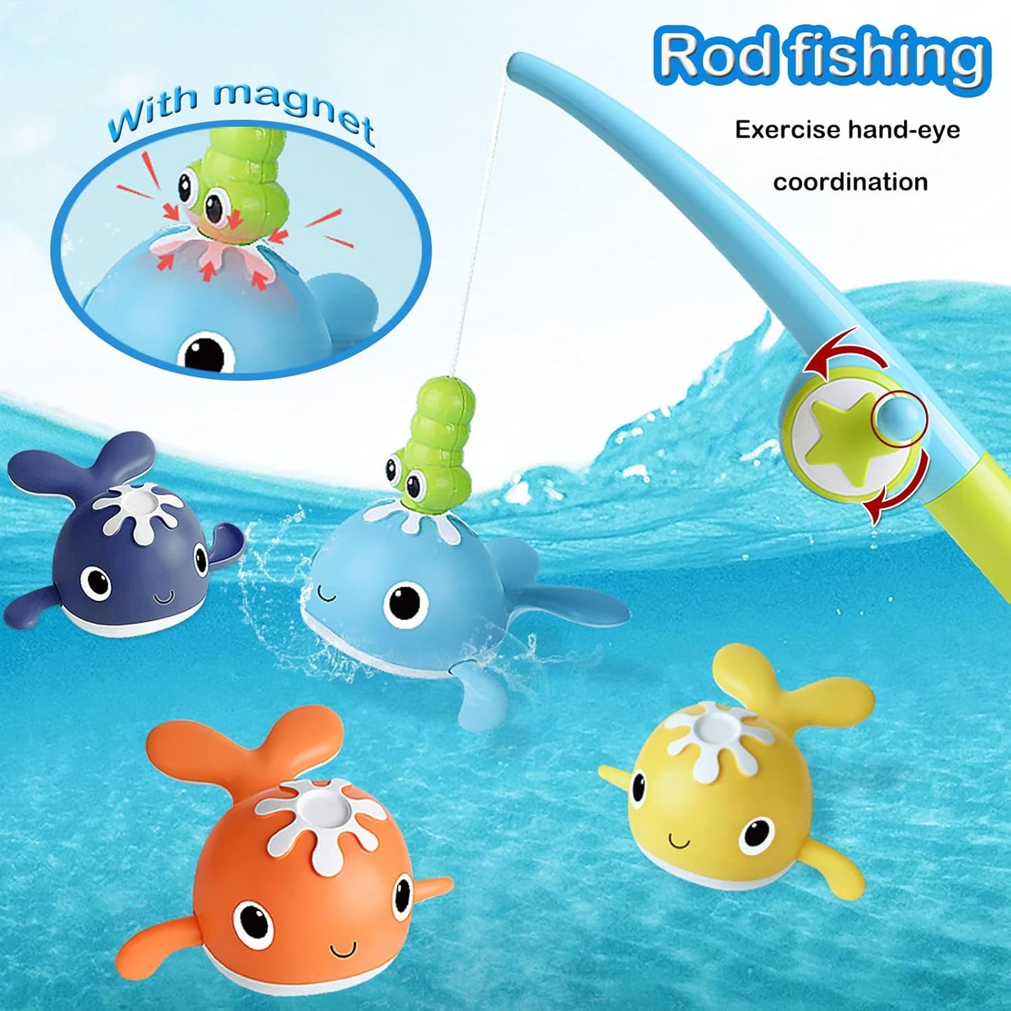 Magnet Fishing Game Bath Baby Toy for 1-3 4-8 Year Old Toddler Boys Girls,Gifts for Kid,Baby Bathtub Water Shower Pool Toys 18 Months+,4 Swimming Wind-up Whale&1 Fishing Pole&1 Net
