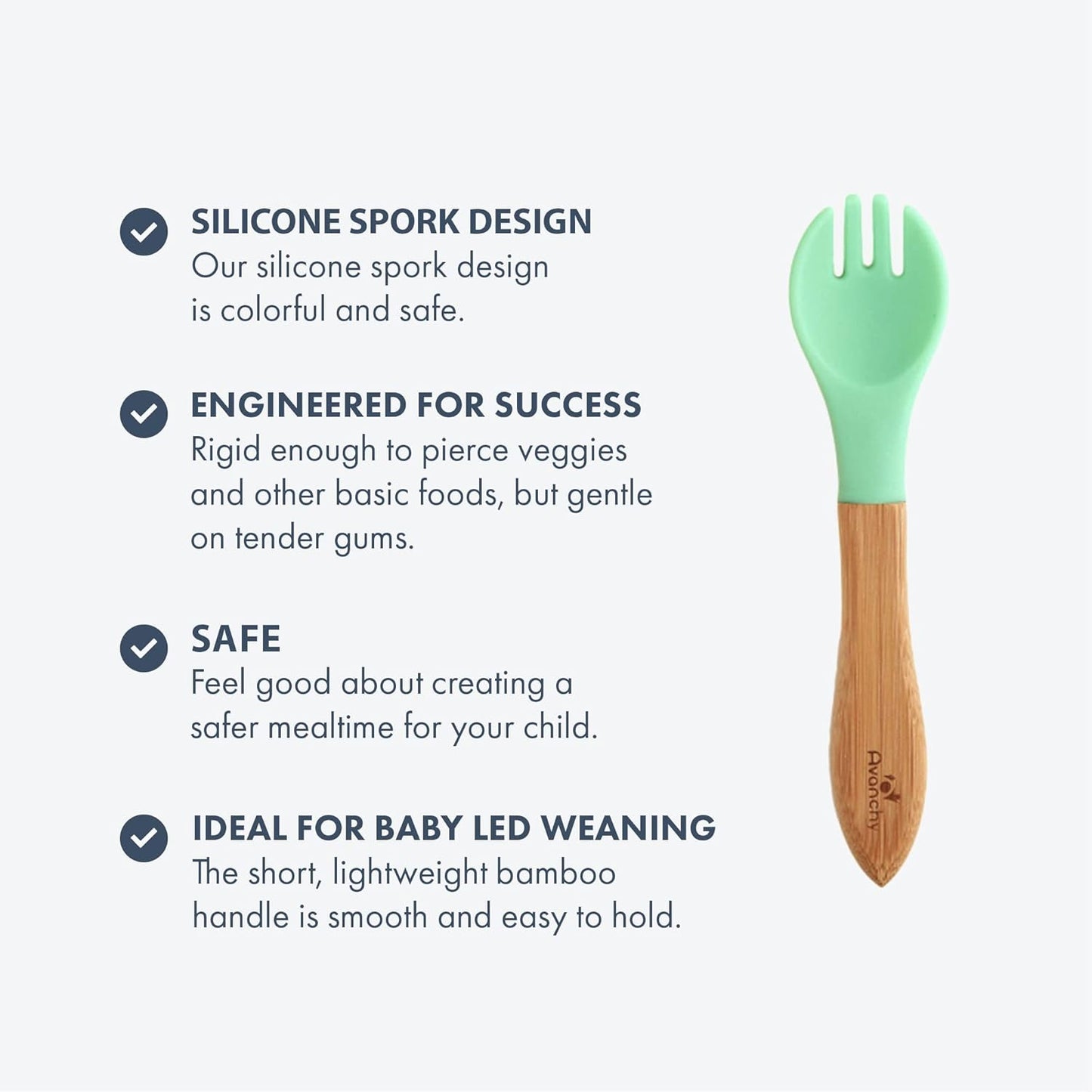 Avanchy Baby Fork Set, Bamboo and Silicone Spork Utensils, Toddler Baby Led Weaning Silverware Cutlery Flatware, Kids First Self Feeding